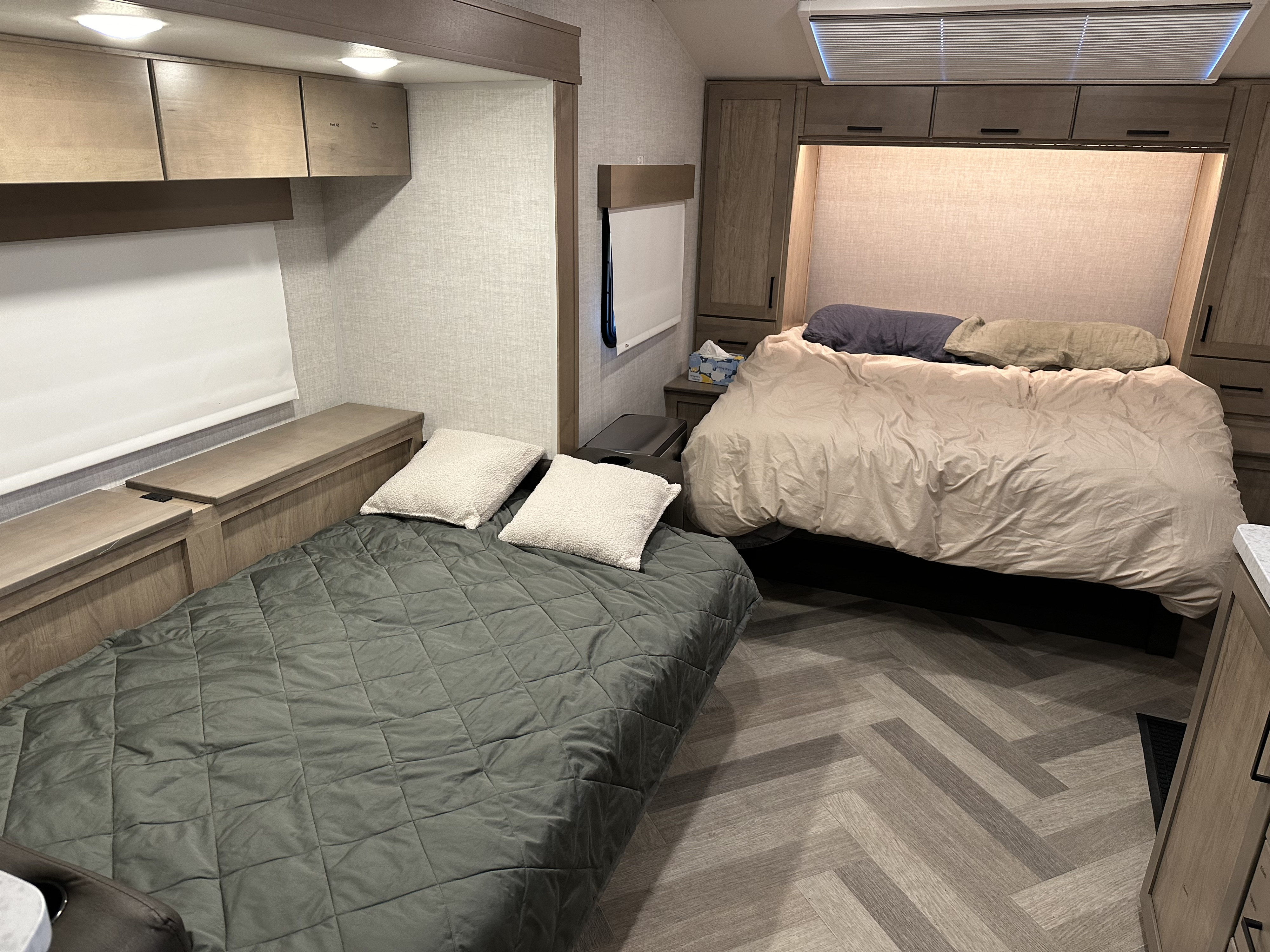 Front bed and jackknife sofa setup for sleeping. Ember Overland 2022