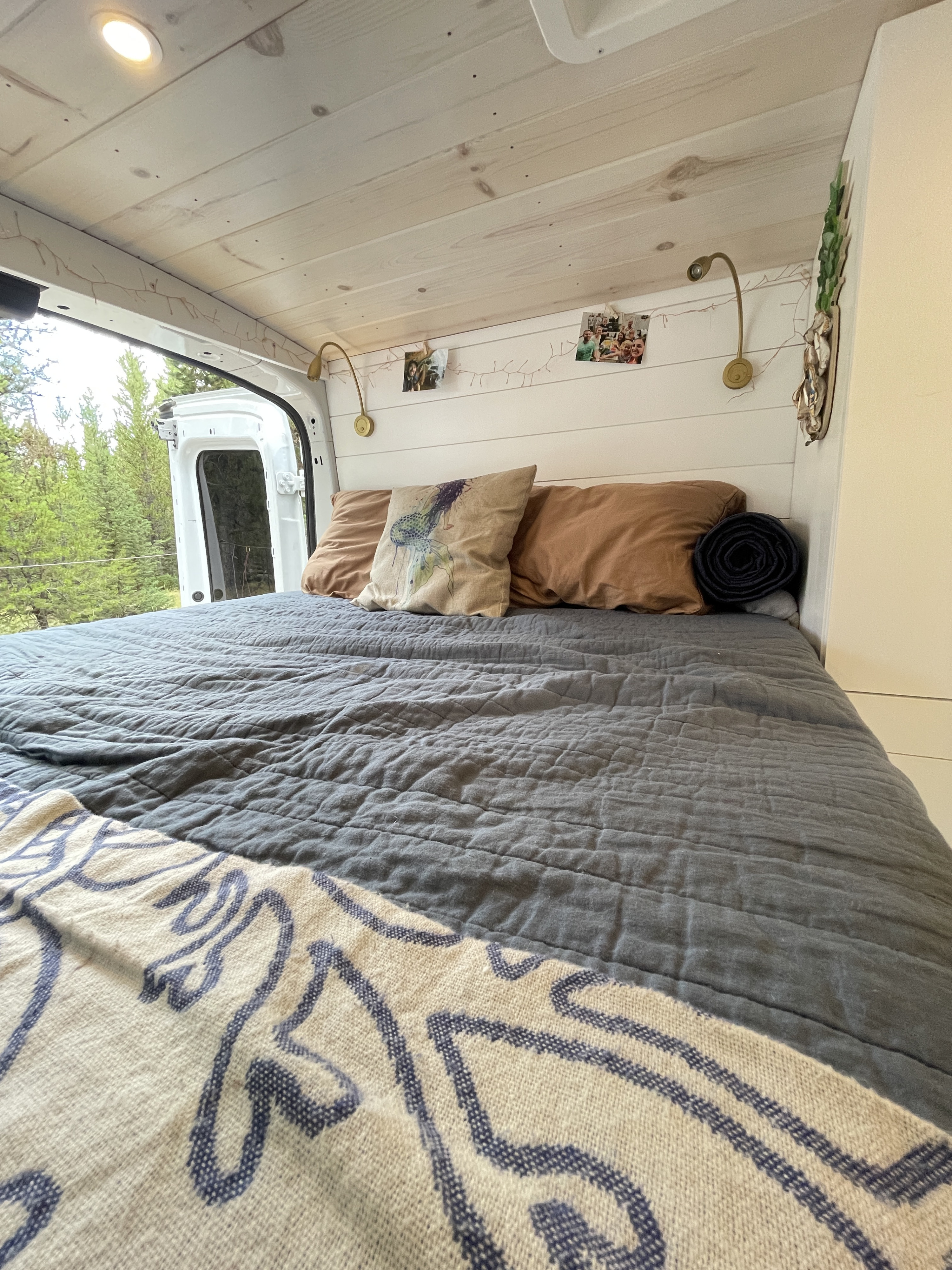 Inside a comfy RV rental: a neatly made bed with grey duvet, pillows, and an open back door revealing a pine forest view.. Ford Transit 250 2019