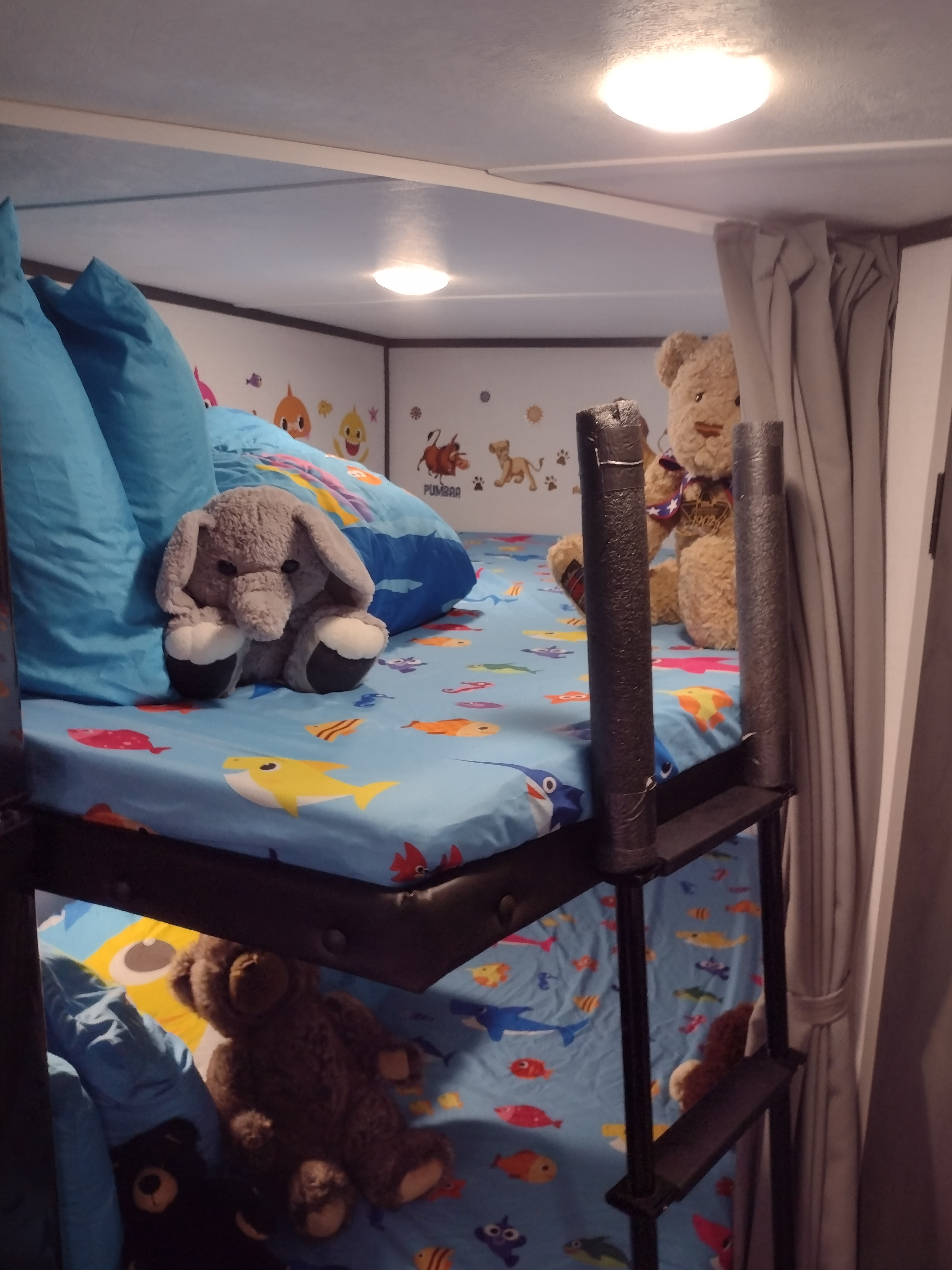 Colorful RV rental bunk beds, perfect for kids. Features Baby Shark & Lion King wall decor, plus cozy plush toys.. Other Other 2024