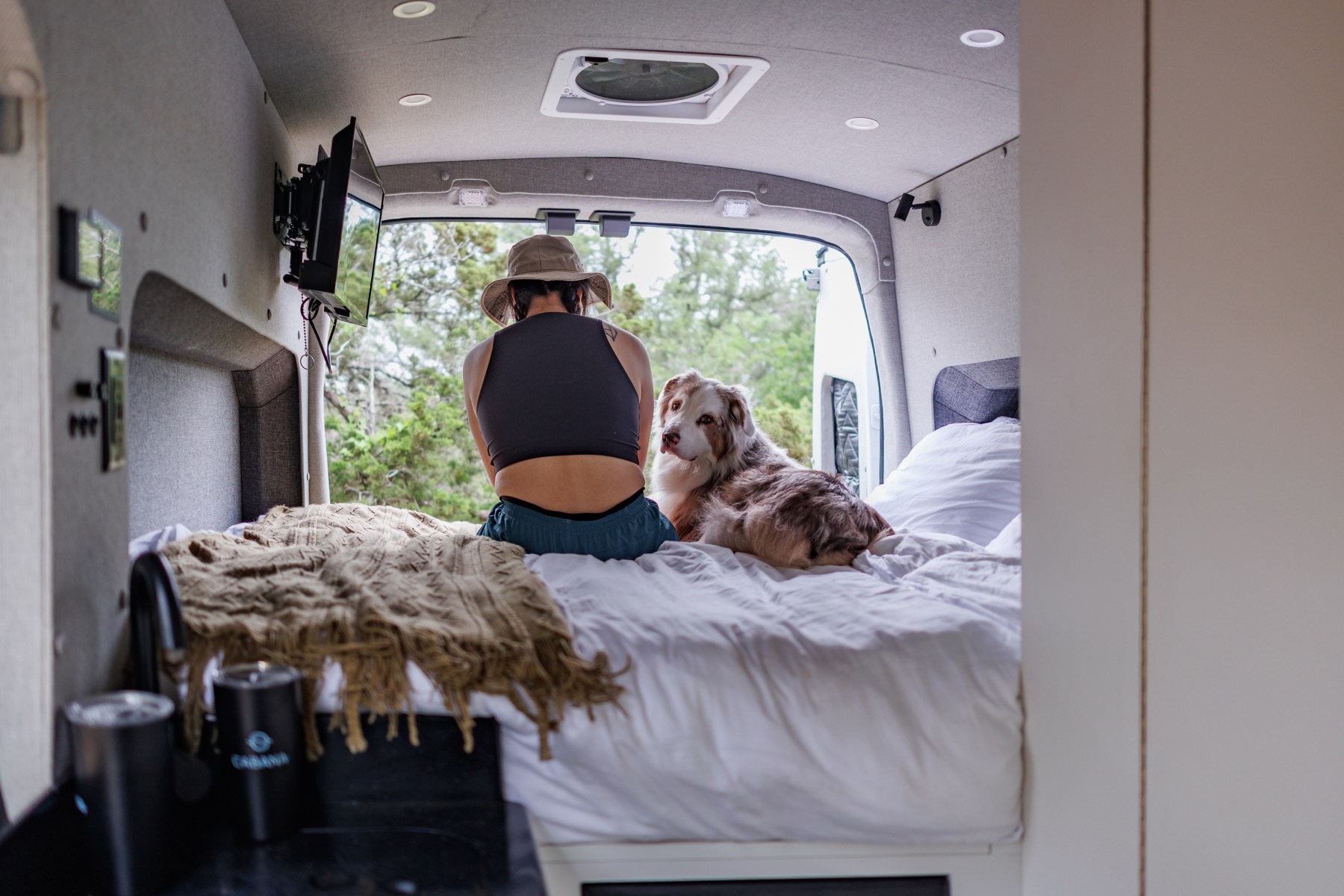 Person and dog enjoy nature from their comfortable RV rental bed. Ideal for van life adventures with pets.. Ford Transit 2022