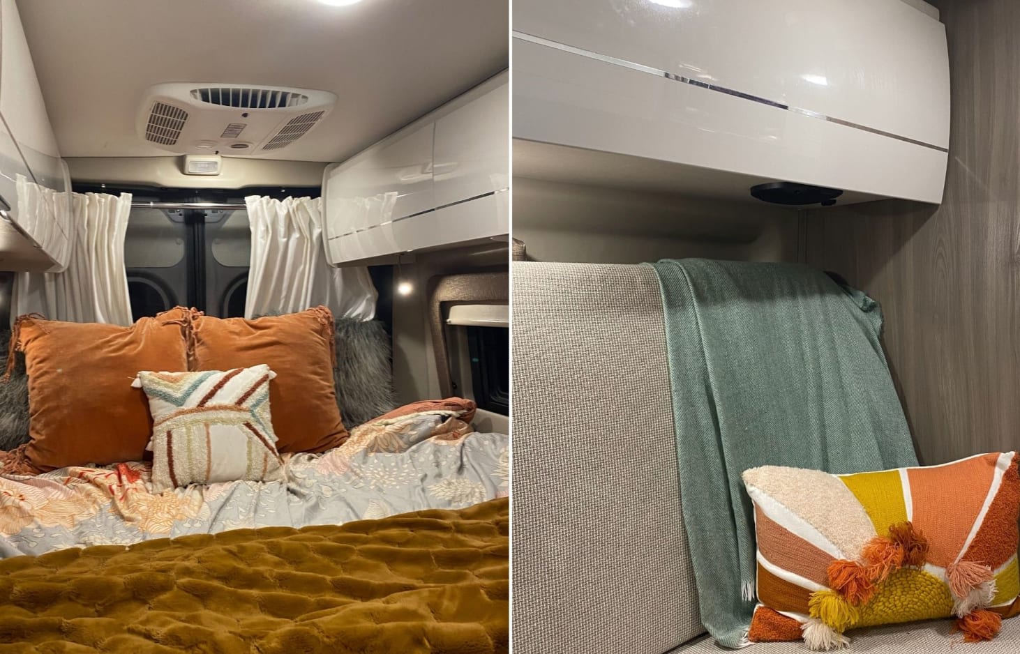 Inside a comfy RV rental: Bedroom on left with bed & pillows, AC overhead. Right shows seating with a blanket & lumbar pillow.. Thor Tellaro 2022