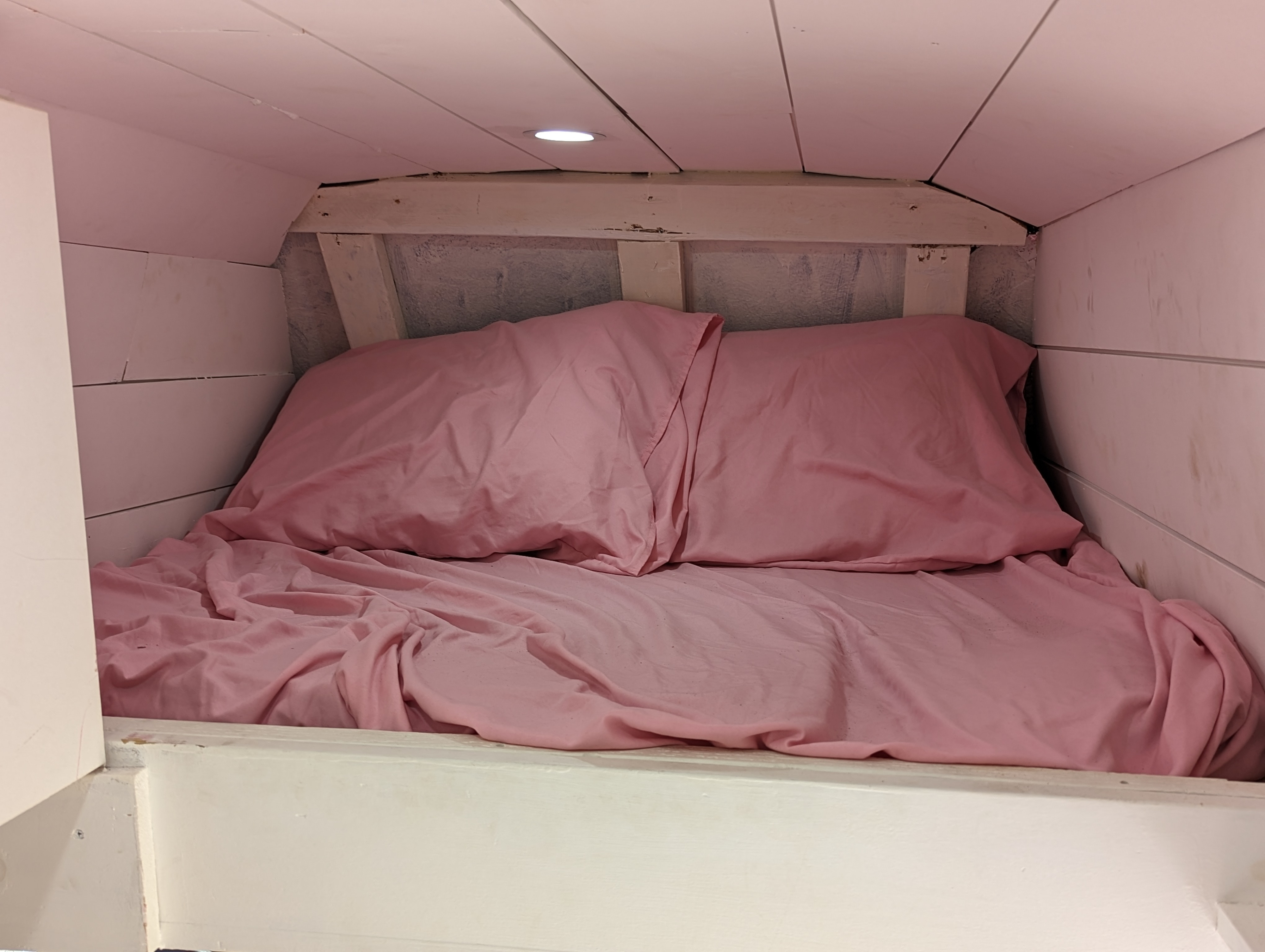 Experience cozy comfort in this RV rental's compact sleeping area. Pink bedding and a recessed light create a welcoming bed nook.. Chevrolet Other 2002
