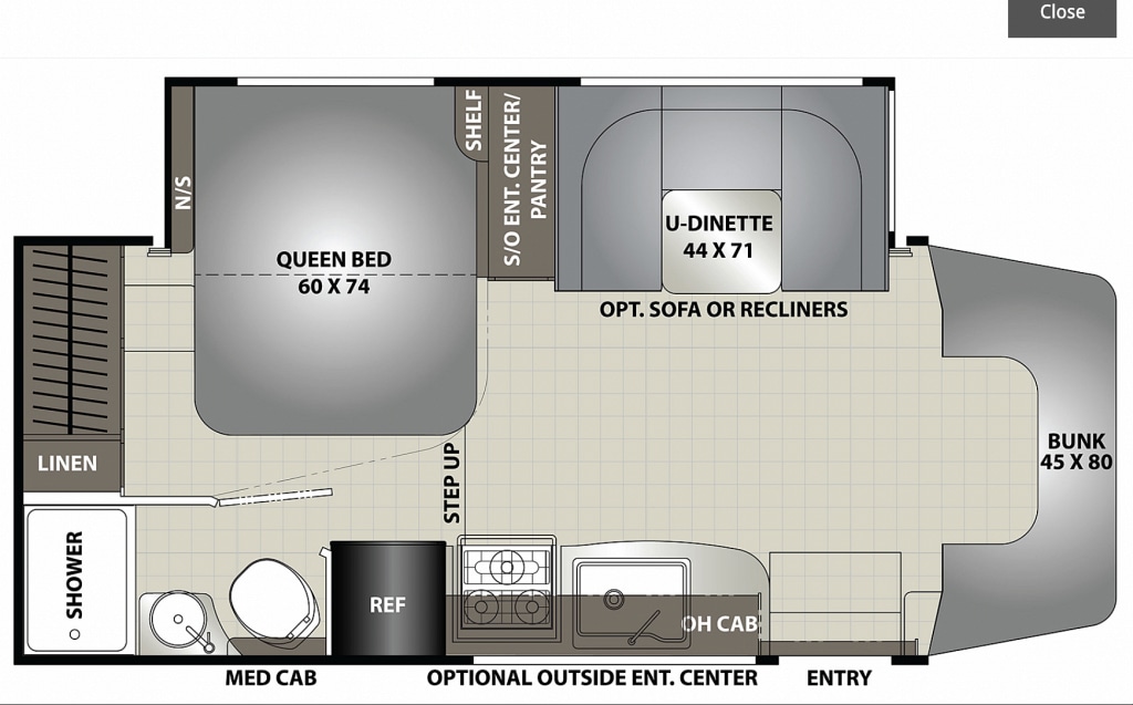 Explore this RV rental's cozy floor plan with queen bed, U-dinette, bunk, kitchen, and full bath, ideal for adventurers.. Forest River Coachmen Prism Elite 2022