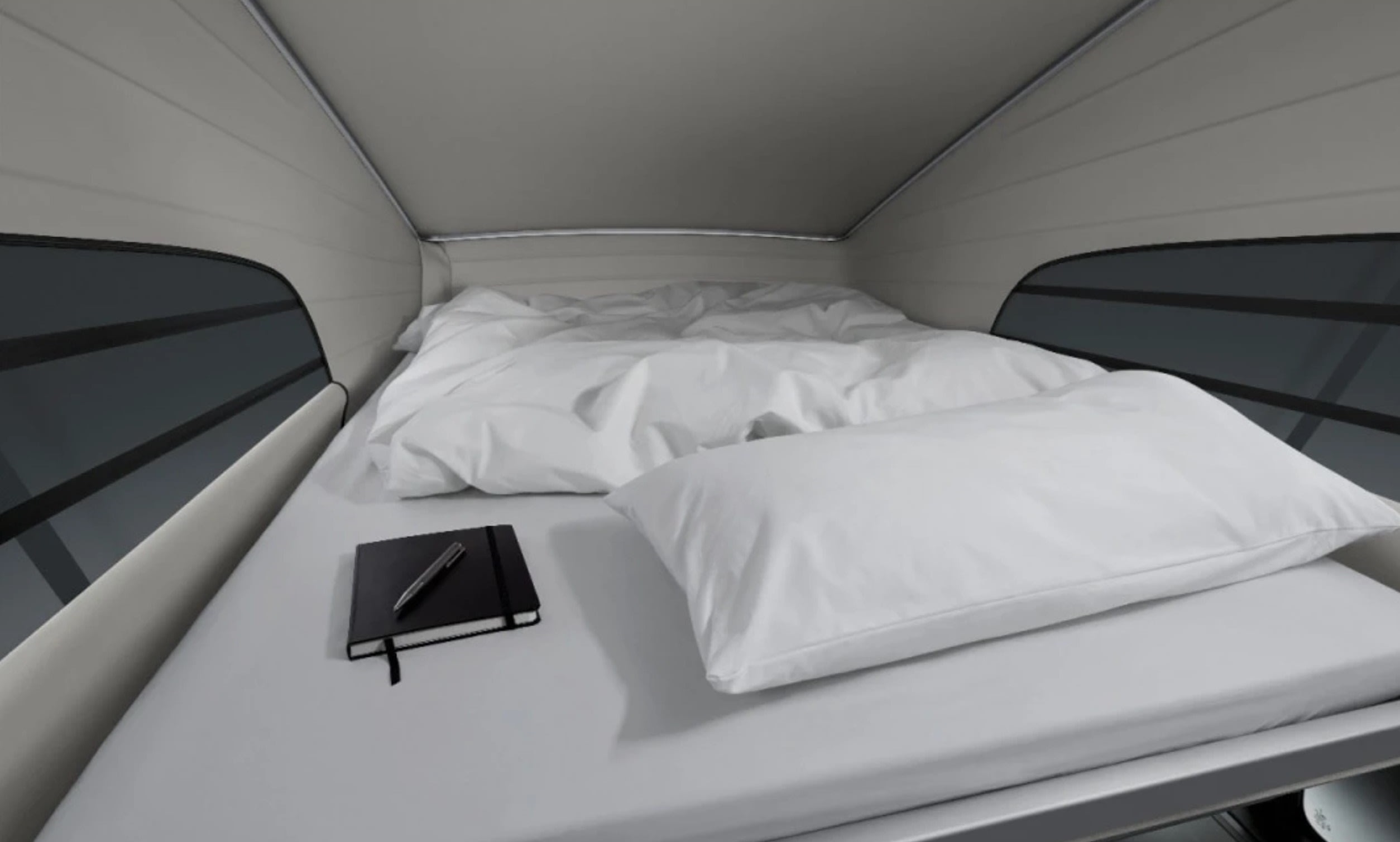 Cozy RV rental pop-top sleeping area with white bedding, notebook, and pen for your travels.. Mercedes Marco Polo Class V 2019