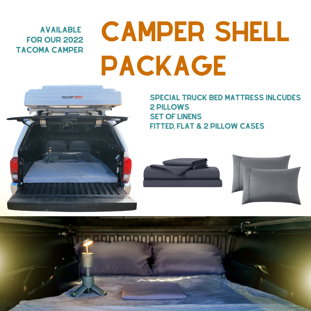 Enhance your RV rental with this camper shell package: truck bed mattress, pillows, and linens for cozy Tacoma camping.. Toyota Tacoma Double Cab 2022