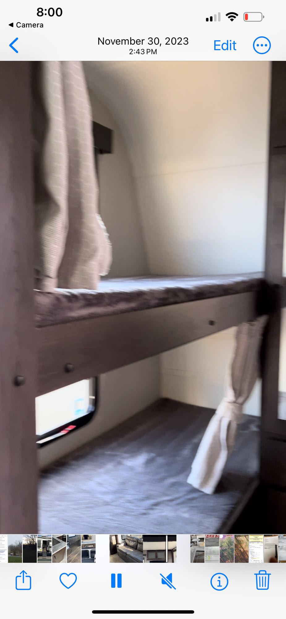 RV rental interior showing bunk beds, a sleeping area with mattresses & a window. Perfect for your next trip.. Grand Design 29 Go Momentum Toy Hauler 2021