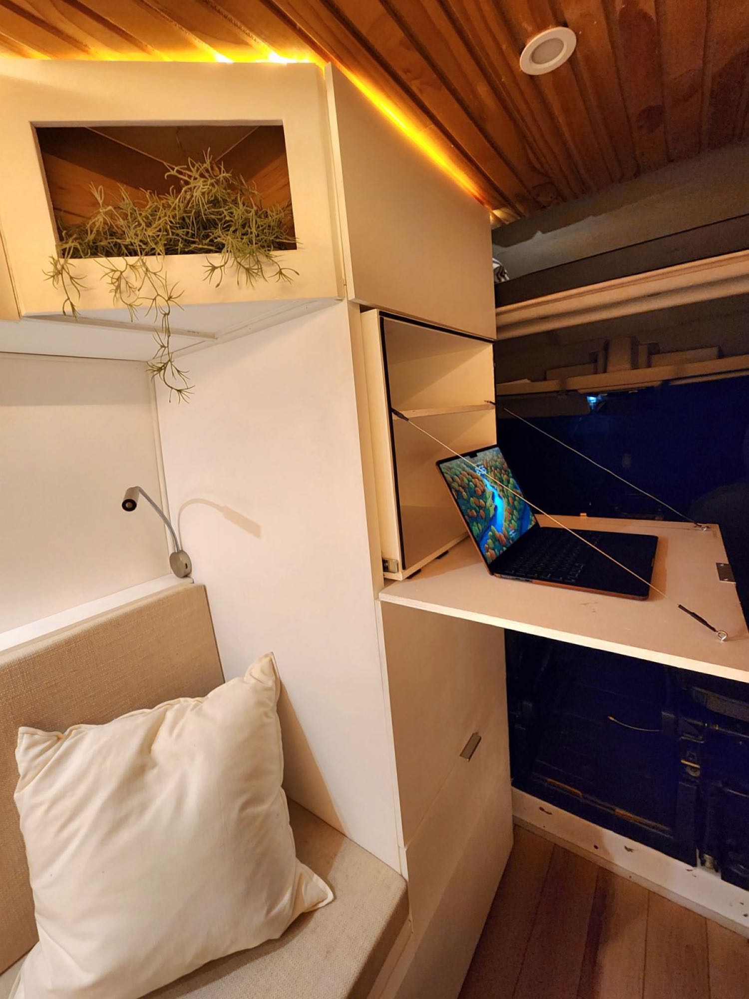 This RV rental features a cozy living area with air plants, a comfy bed, and a laptop workspace for digital nomads.. Dodge Sprinter Van 2015
