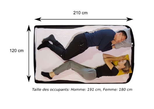 RV rental sleeping space: A 120x210 cm bed with two adults (191cm, 180cm) illustrating compact comfort.. NaitUp Duo 2021