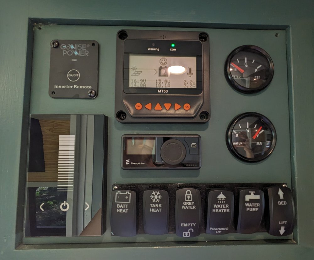 RV rental control panel. Monitors solar power, water levels & manages heating, water pump, bed lift, and inverter.. Mercedes Sprinter 2022