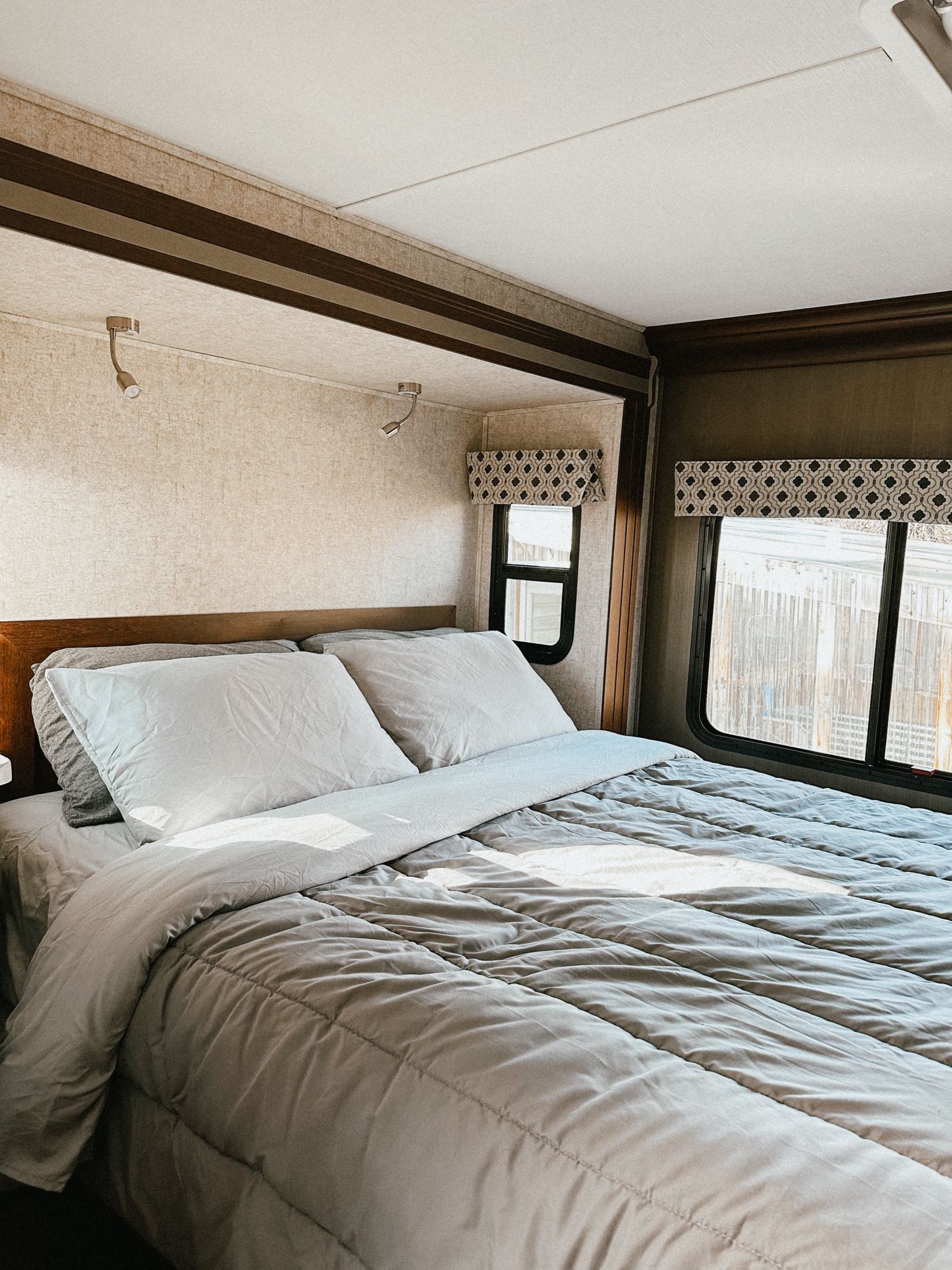 Rear queen bedroom with added pillow top mattress. touch operated lighting and USB charging ports. Forest River Forester 3011ds 2020