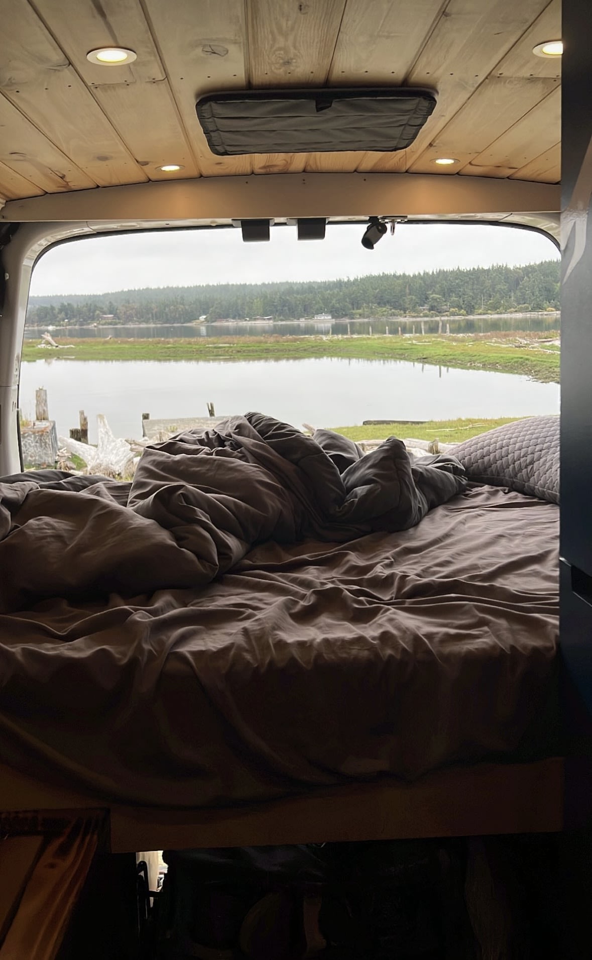 Relax in your RV rental: a comfy bed overlooks a serene bay & treelined shore from this camper van.. Ford Transit 2017