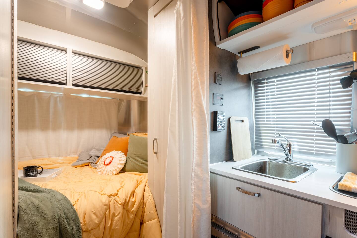 Bedroom and Kitchen. Airstream Bambi 2023