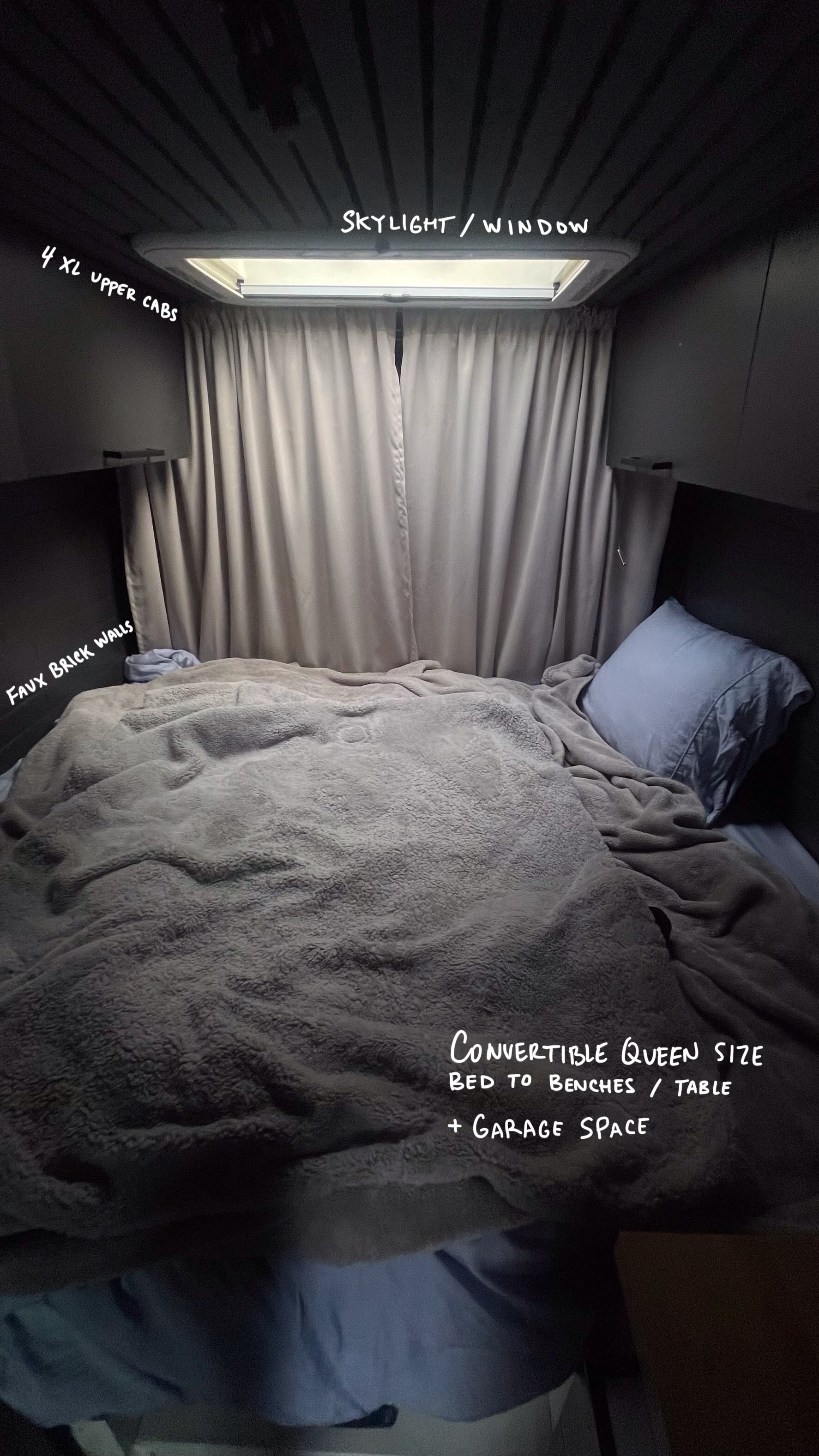 RV rental bedroom: convertible queen bed, skylight, 4 XL upper cabs, faux brick walls & garage space for adventure.. Dodge Ram Promaster 2500 2021