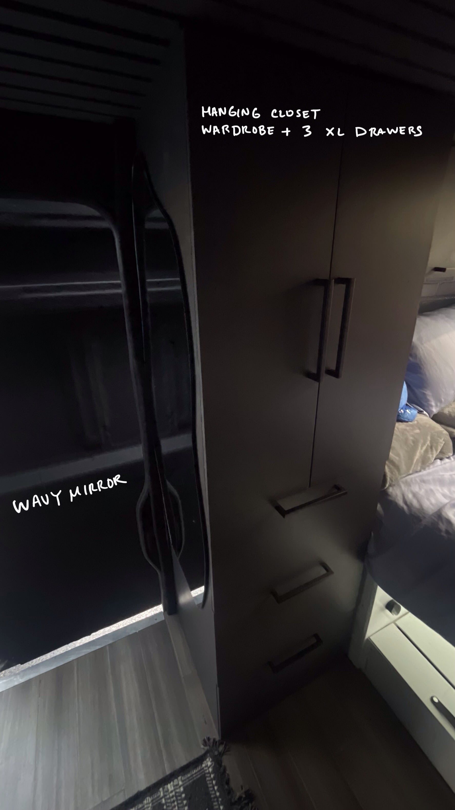 RV rental: Efficient wardrobe featuring a hanging closet, 3 XL drawers, and a wavy mirror for compact spaces.. Dodge Ram Promaster 2500 2021