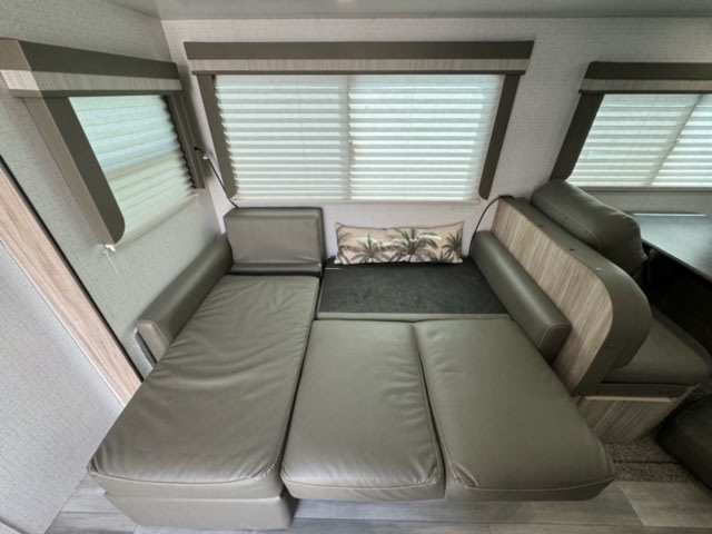 RV rental: Gray convertible sofa cushions extended to form a bed, maximizing space in this modern camper interior.. Winnebago Minnie Winnie 2021