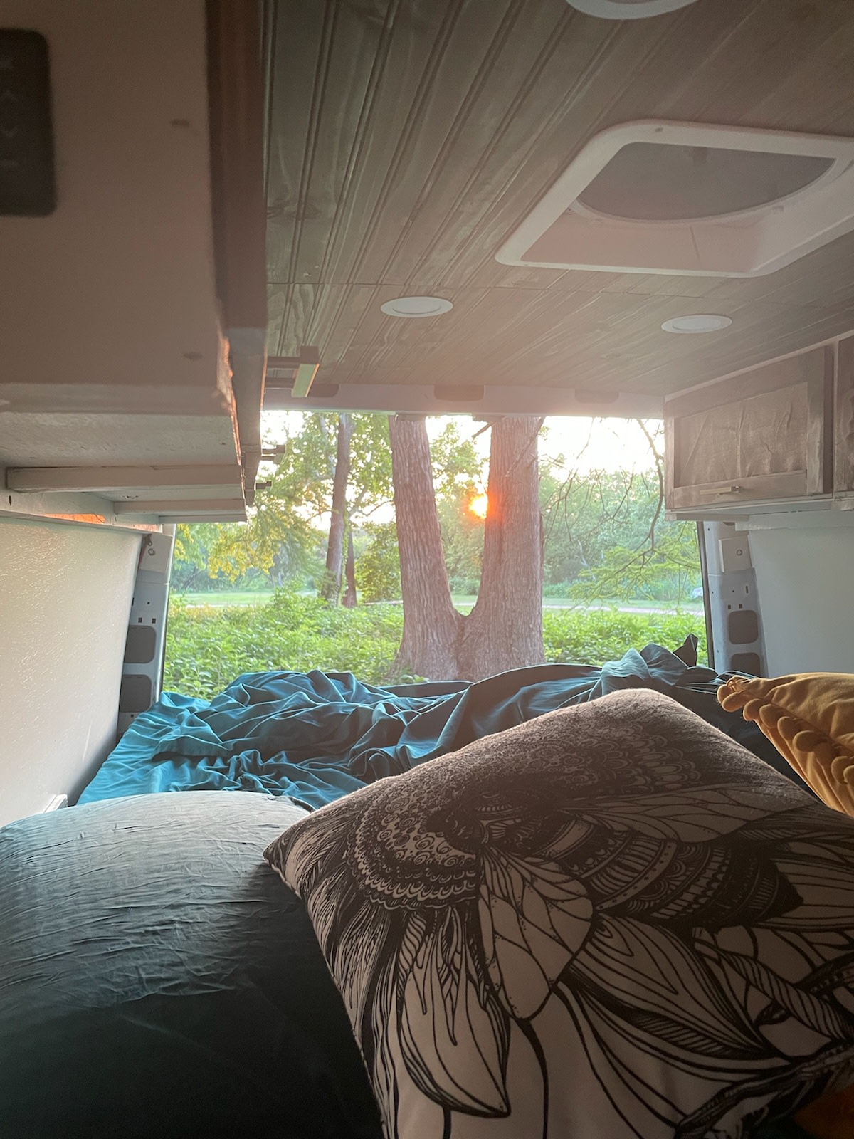 Cozy RV rental bedroom view with teal bedding, custom ceiling, and a vibrant sunrise/sunset through the trees.. Freightliner Sprinter 2011