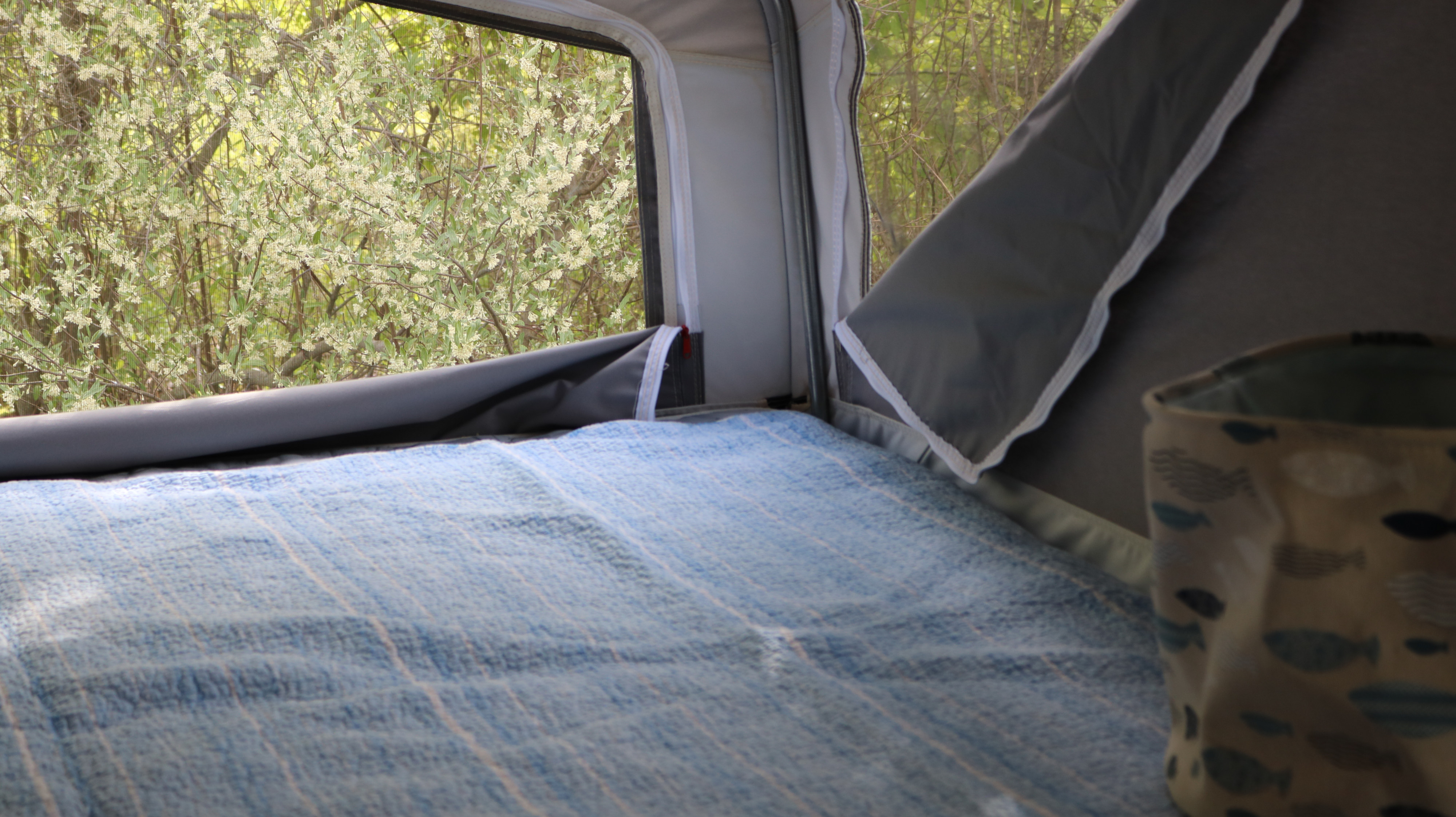 Relax in your rv rental: a blue-striped bed, window with blooming trees, and a fish-patterned storage bag.. Palomino Solaire Hybrid 3 queen beds 2019
