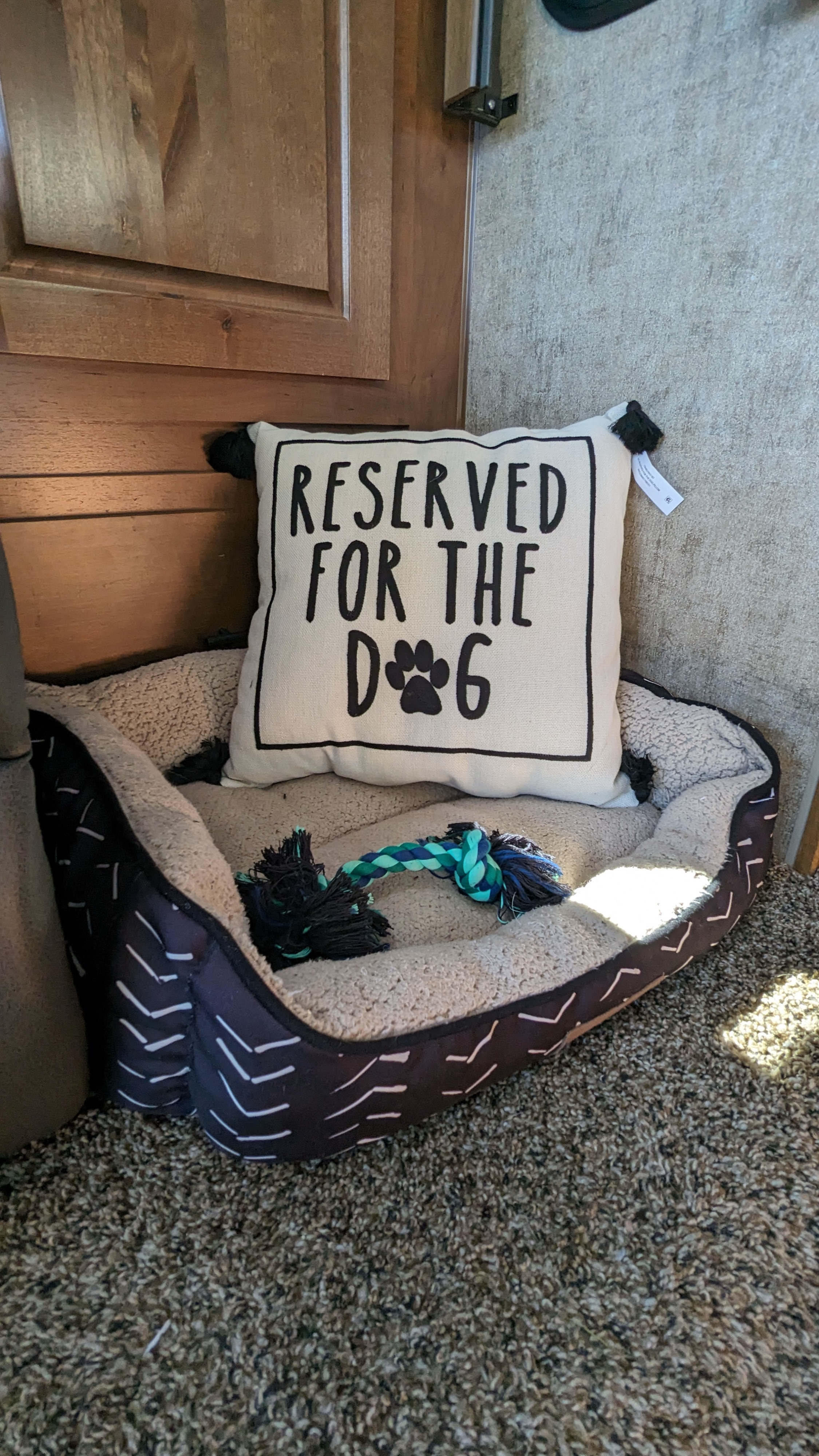 Pet-friendly RV rental: Dog bed with a "Reserved for the Dog" pillow and toy, ready for a furry co-pilot.. Outdoors RV Blackstone Titanium 2023