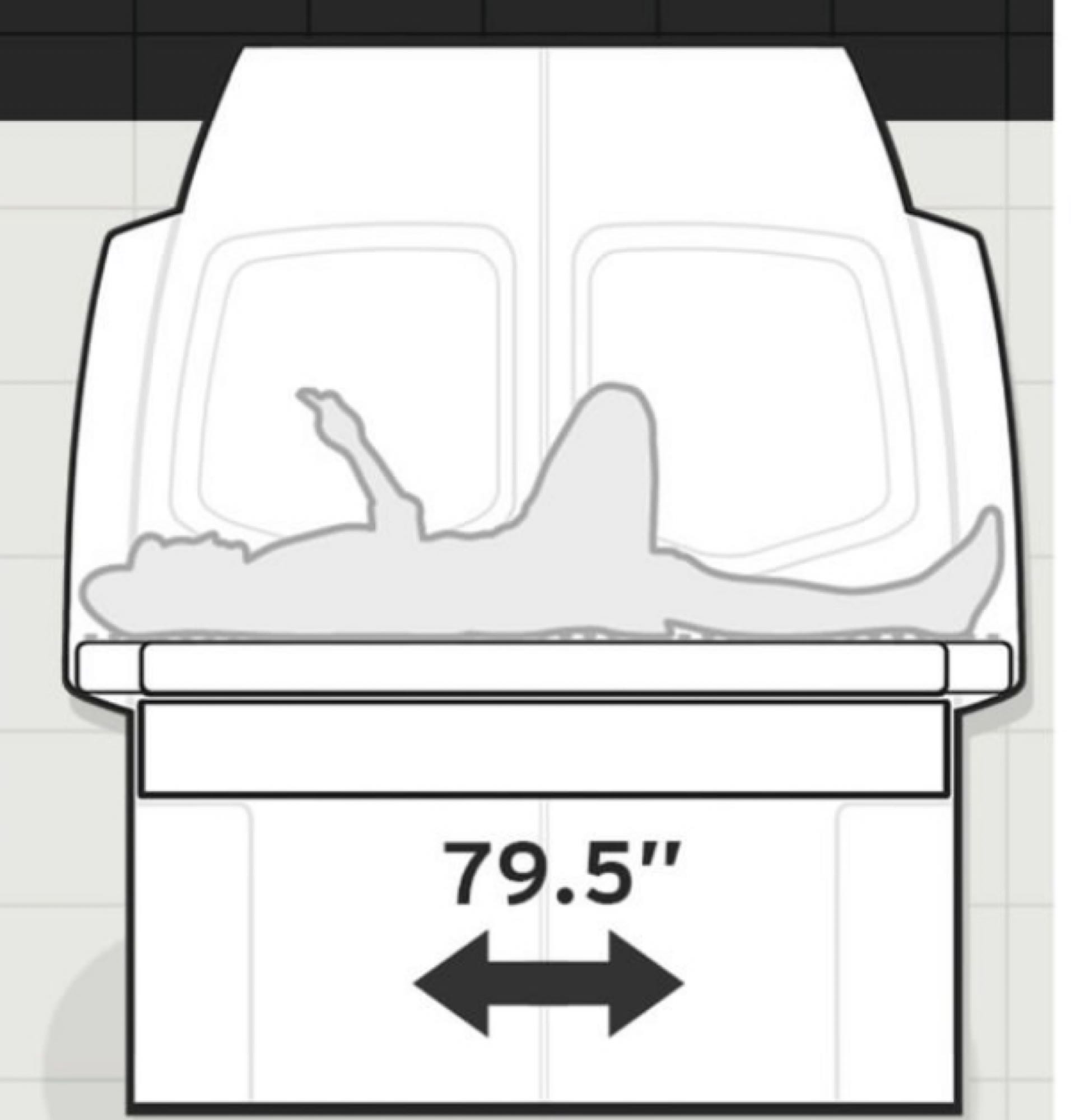 An RV rental's 79.5" interior bed length is shown, demonstrating space for a sleeping person.. Mercedes-Benz Entegra Launch 2023
