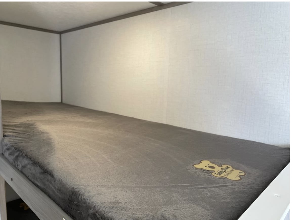 RV rental bunk bed: a cozy sleeping area with a fuzzy grey mattress and a 'Teddy Bear' tag in a light-walled interior.. Coleman Lantern 17B 2024