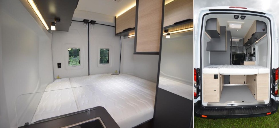 RV rental: Inside a camper van, a bedroom with windows and overhead storage, plus a rear view revealing under-bed storage.. Ford Transit 2024