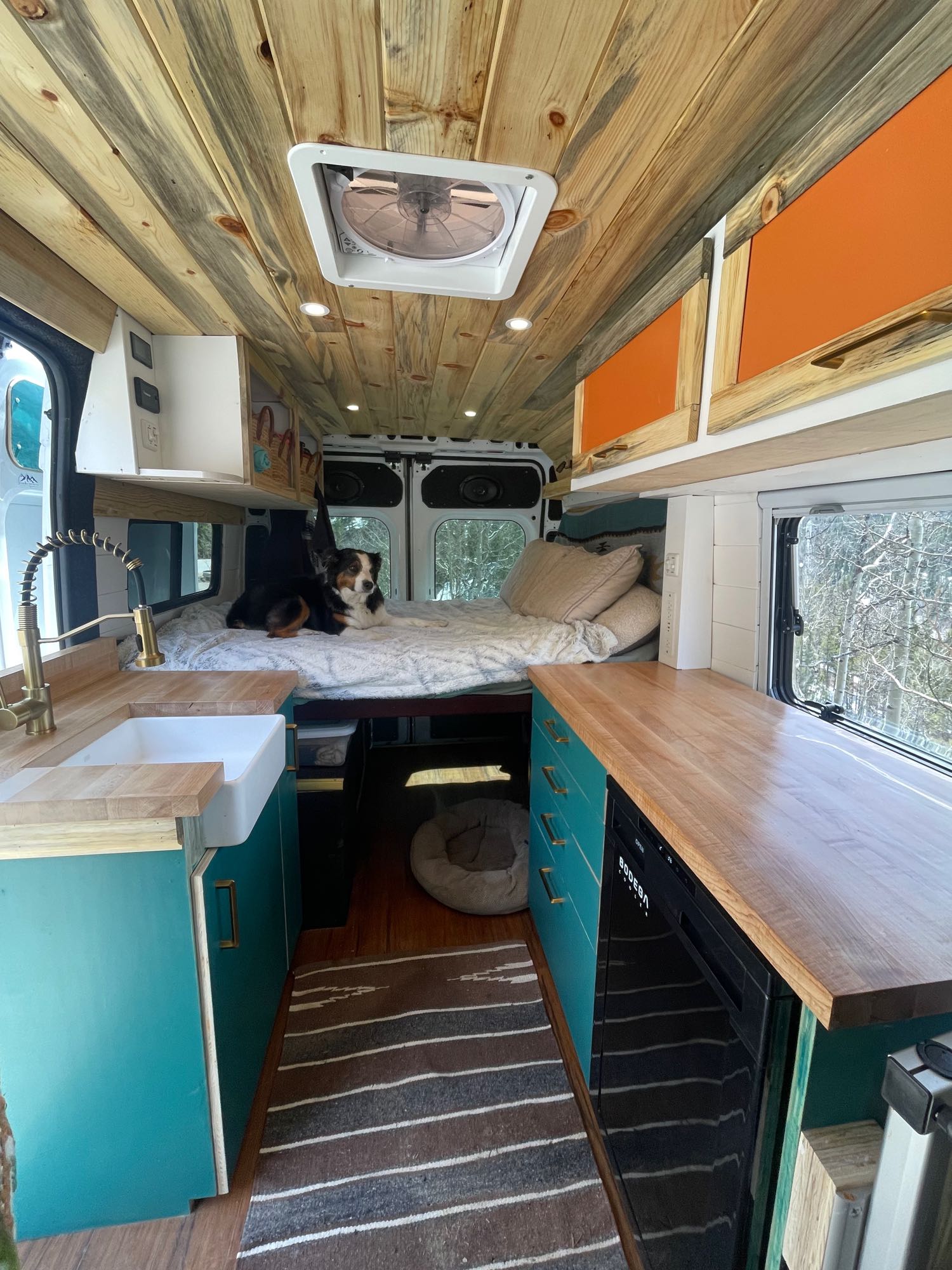 Custom RV rental interior: wood-paneled ceiling, teal kitchen, cozy bed with dog. A perfect camper van setup!. Dodge Ram Promaster 1500 2019