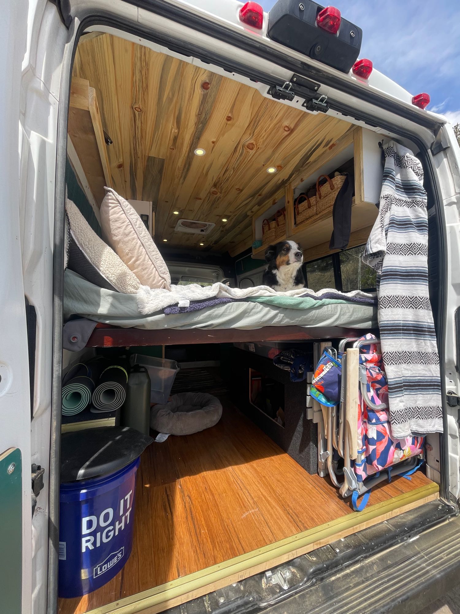 Cozy RV rental interior with wooden finish, comfortable bed, & a happy dog. Perfect for van life adventures!. Dodge Ram Promaster 1500 2019