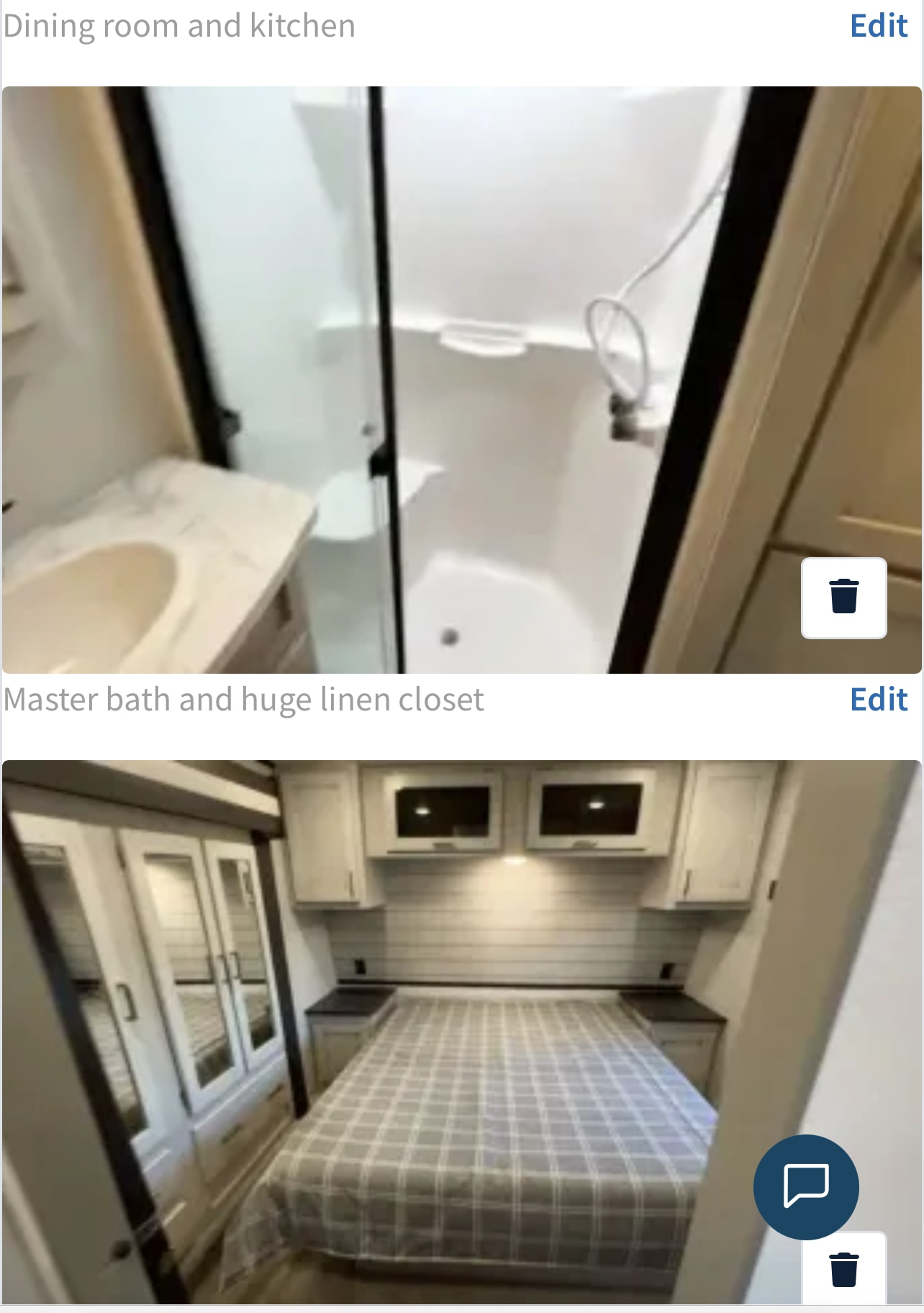 RV rental interior: modern bathroom with sink and shower, and a cozy bedroom featuring a bed, overhead cabinets, and wardrobe.. Keystone RV Sprinter 2022