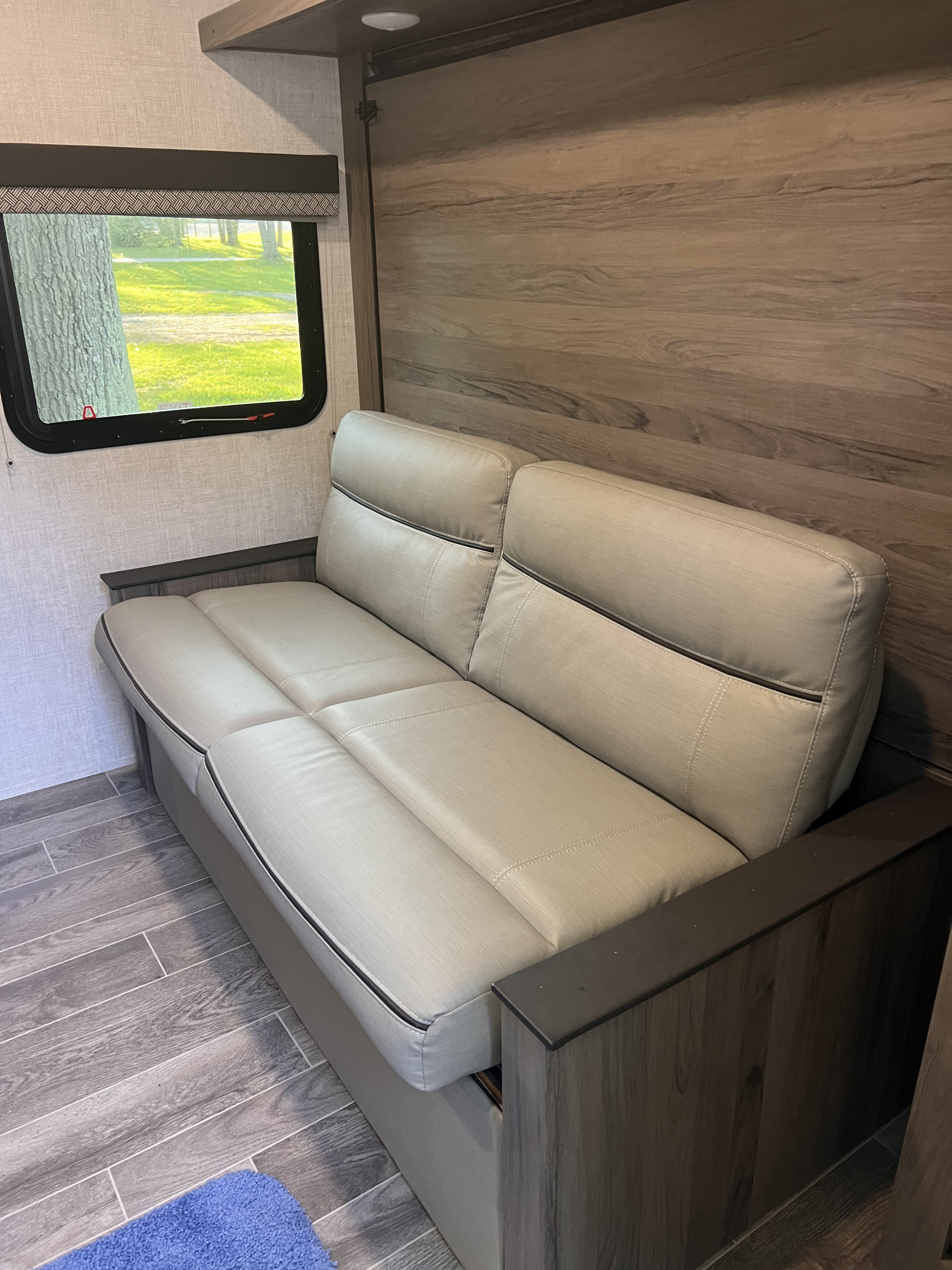 Modern RV rental living space featuring a light gray sofa, wood-textured wall, and window with park view.. Gulf Stream Ameri-Lite 2022