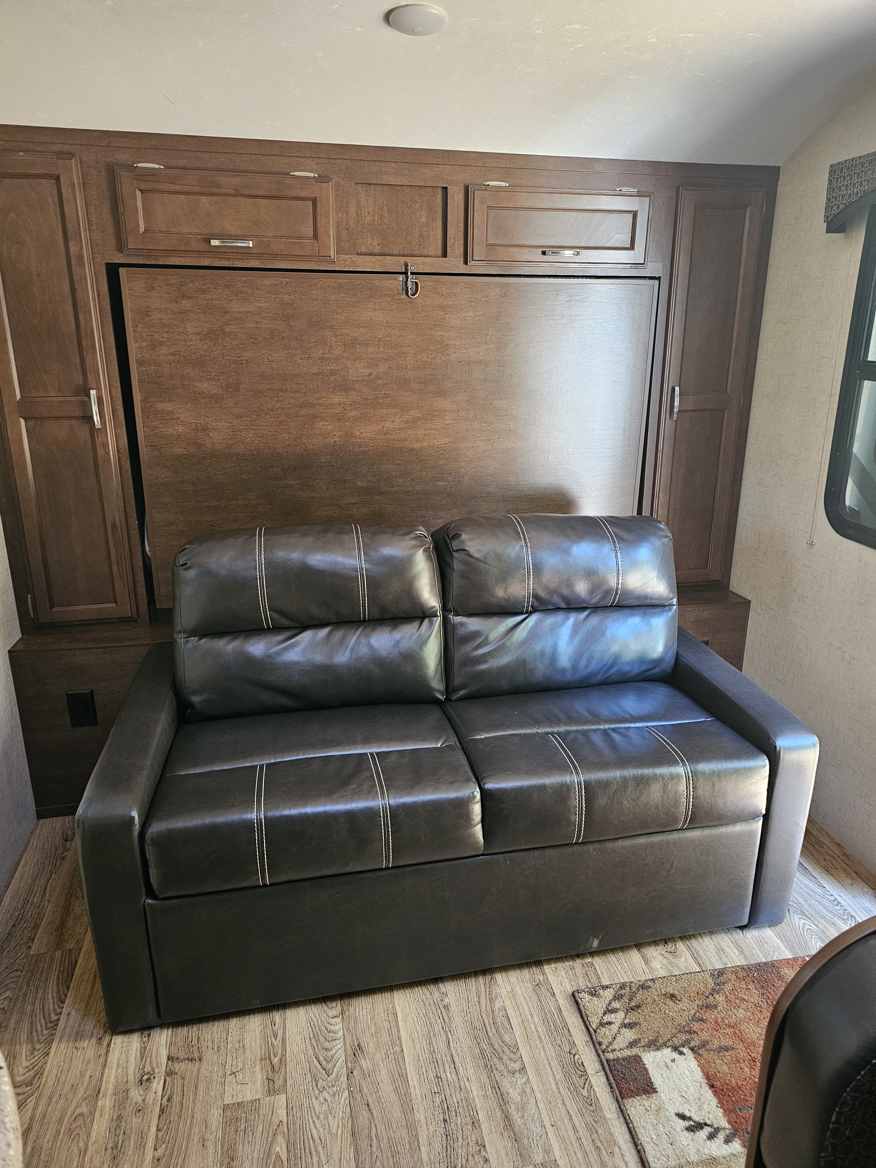 Compact RV rental interior featuring a convertible dark leather sofa, integrated murphy bed, and stylish wood cabinetry.. Venture 190VRB 2019