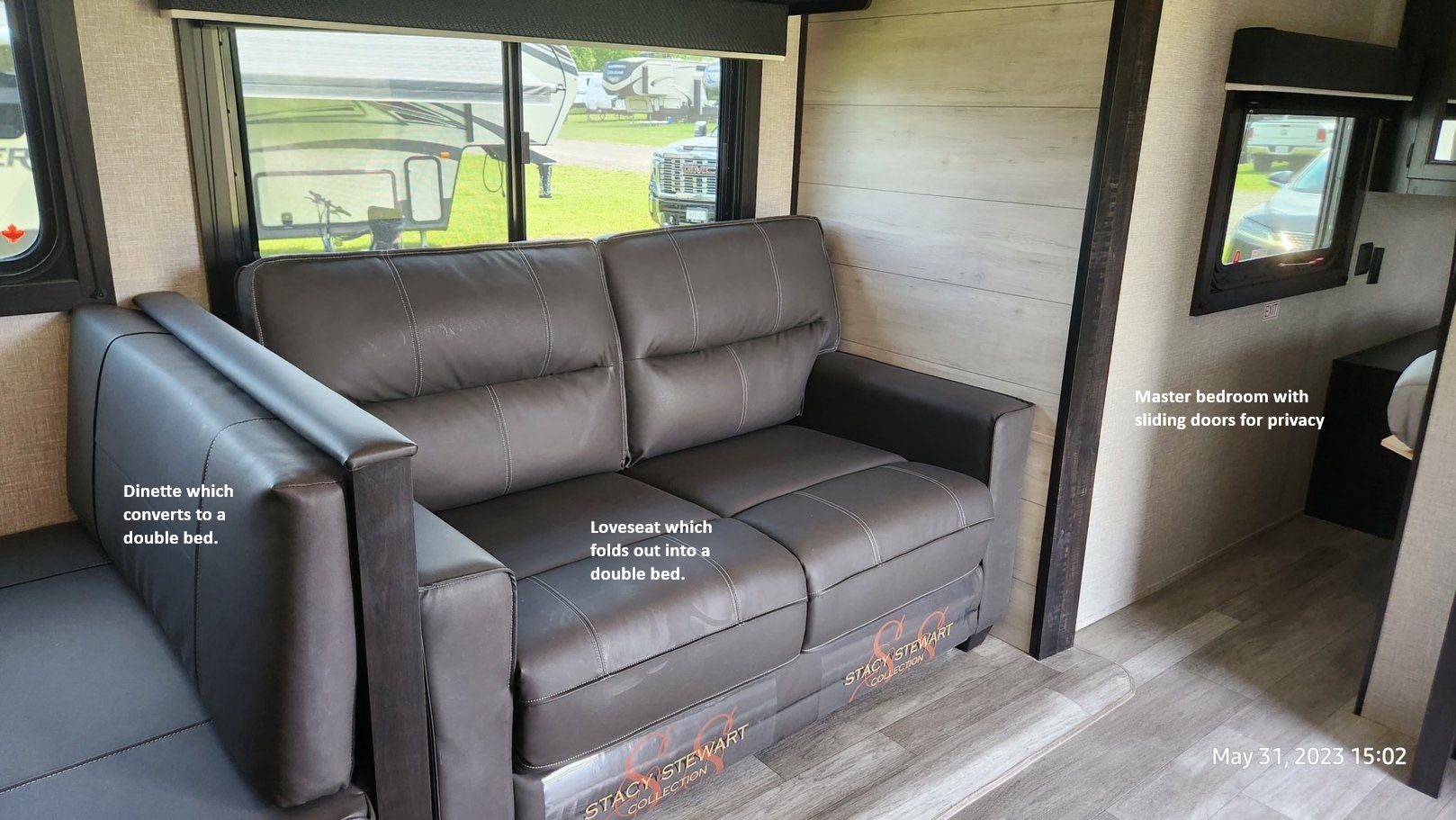RV rental: See versatile interior w/ dinette & loveseat that convert to double beds, plus private master bedroom.. Jayco Jay Flight SLX 2023