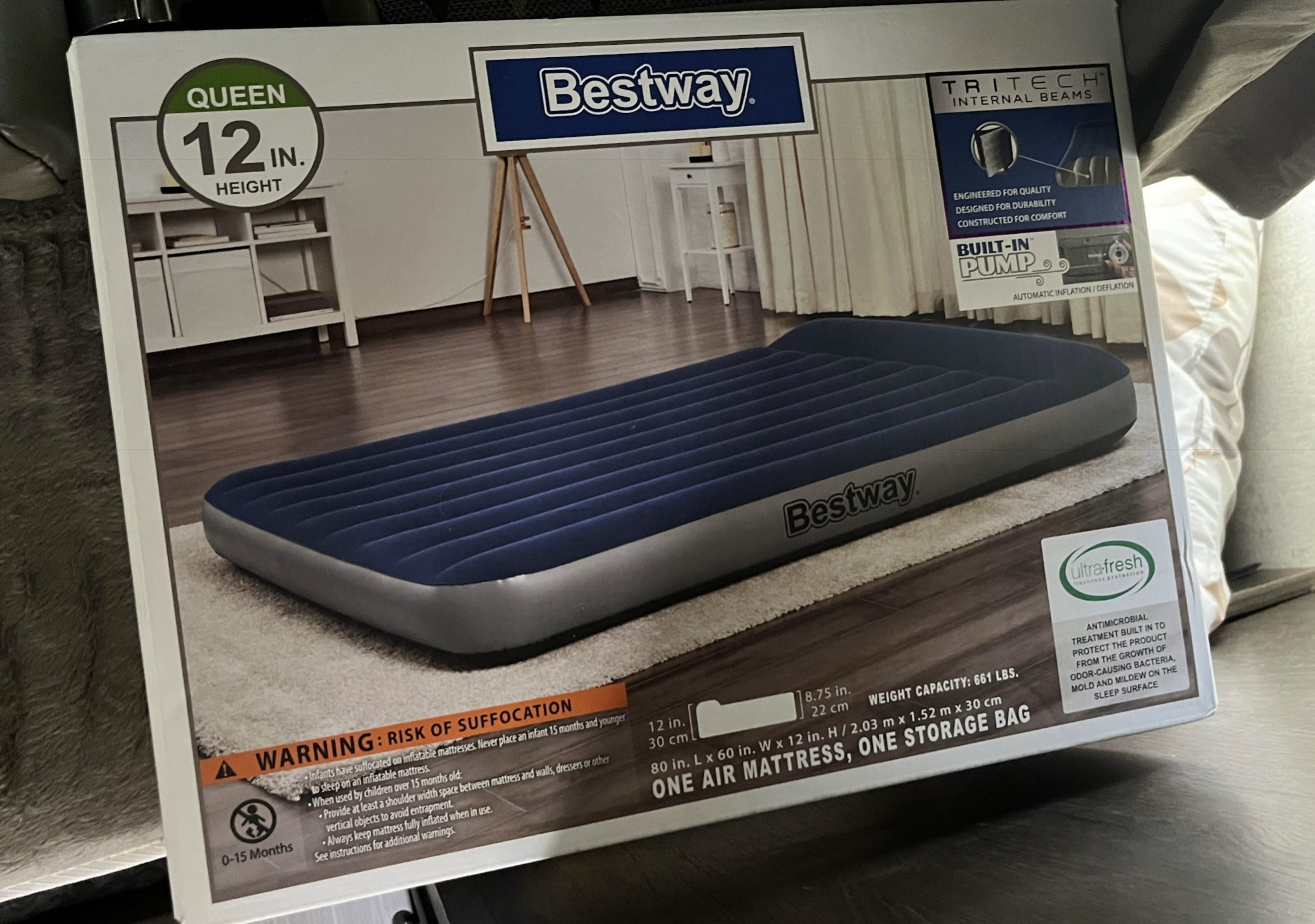 Bestway Queen 12in. air mattress box with built-in pump, ideal for RV rental comfort. Tri-Tech & Ultra-fresh features.. Starcraft Launch Outfitter 2018