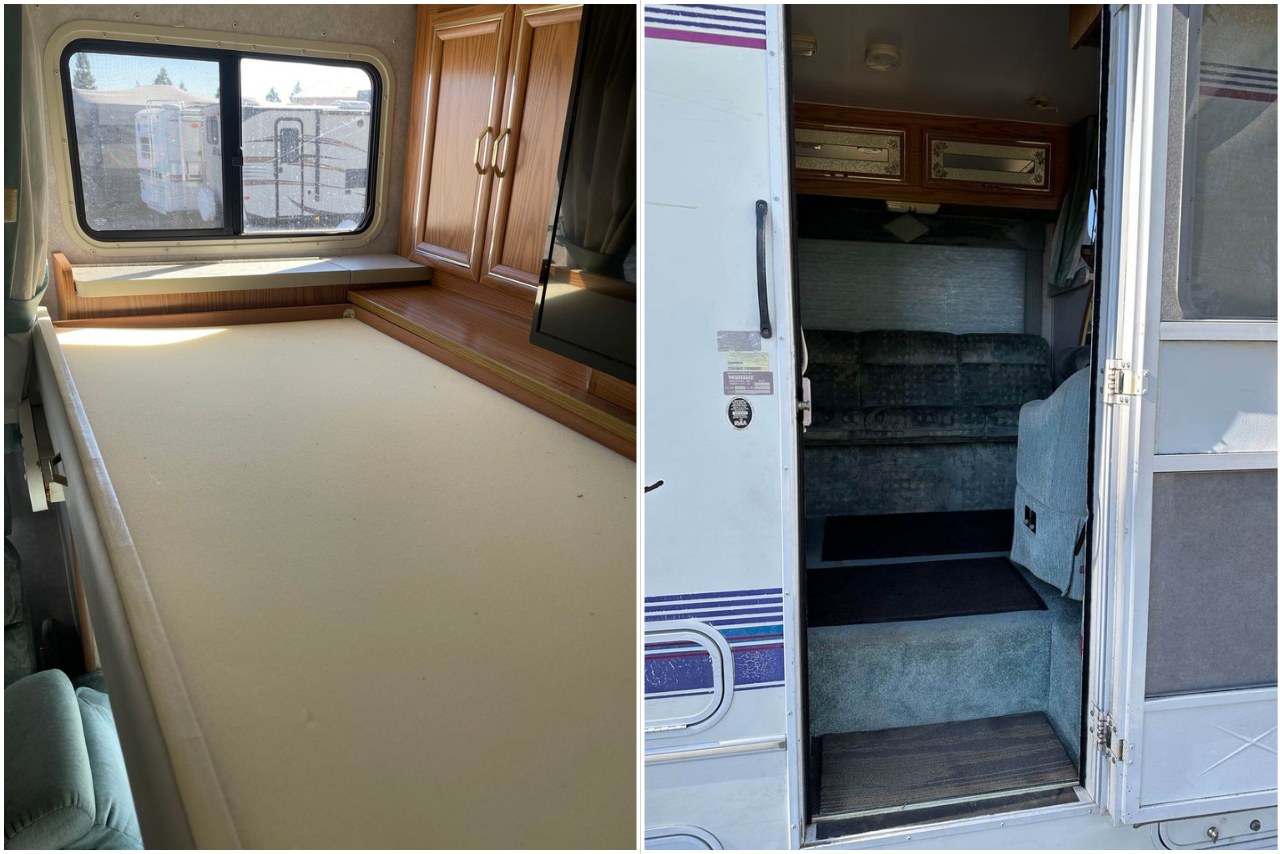 This RV rental image shows an interior sleeping area with a foam mattress and cabinets, alongside an open entrance with steps leading to interior seating.. Winnebago Minnie Winnie 1996