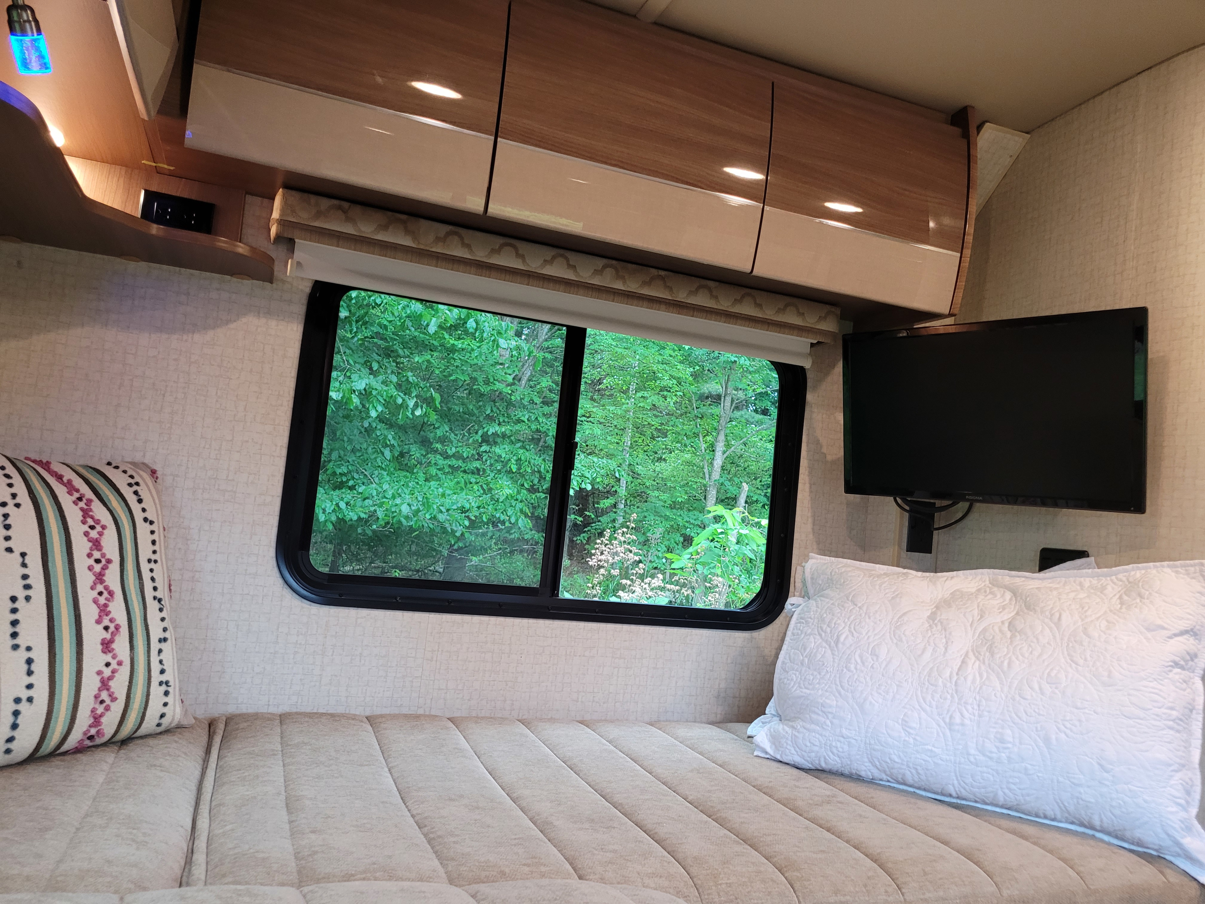 Comfortable RV rental bedroom with a tufted bed, decorative pillow, TV, and window showcasing a scenic green forest view.. Winnebago View 2017