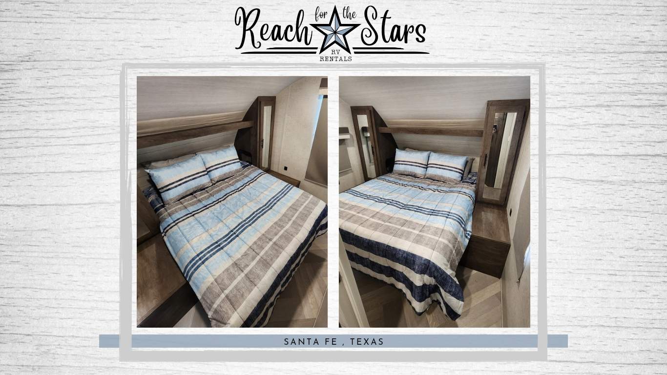 Two cozy RV rental bedroom views with striped bedding, ready for your next adventure from Santa Fe, Texas.. Forest River Salem Cruise Lite 2021