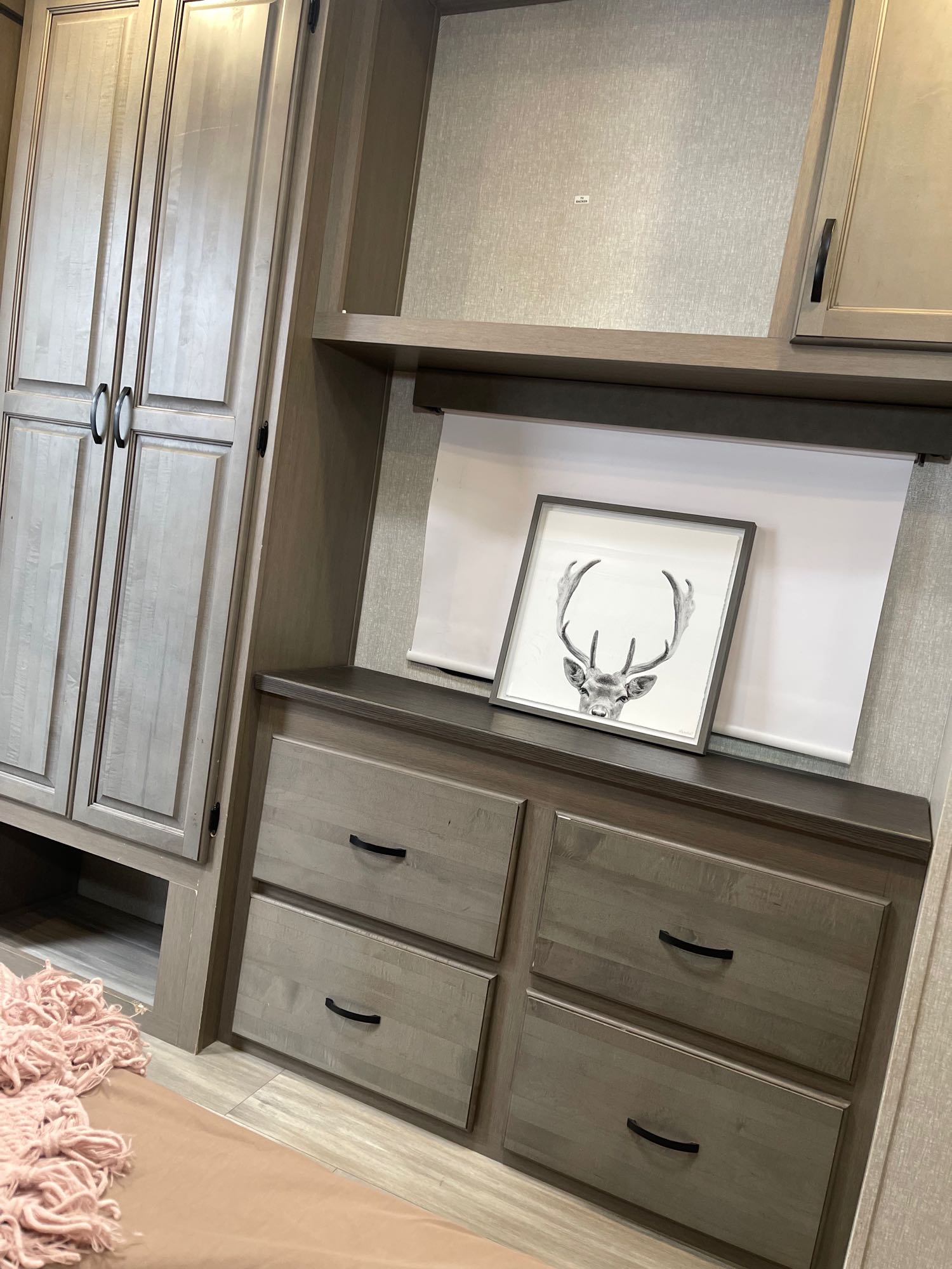 Inside an RV rental: a cozy bedroom featuring light wood cabinetry, dresser drawers, and a framed deer artwork on a media wall.. Forest River Coachmen Chaparral Lite 2022