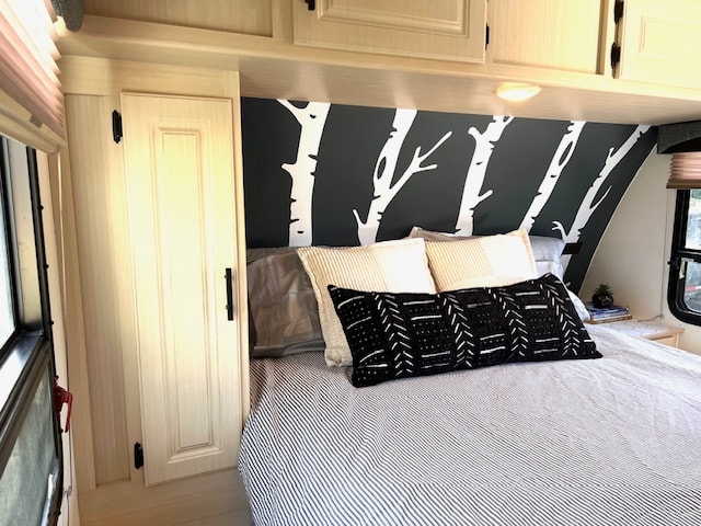 RV rental bedroom: Features a cozy bed with striped linens & black/white pillows, birch tree wall mural, and light wood storage.. Winnebago Minnie Winnie 2016