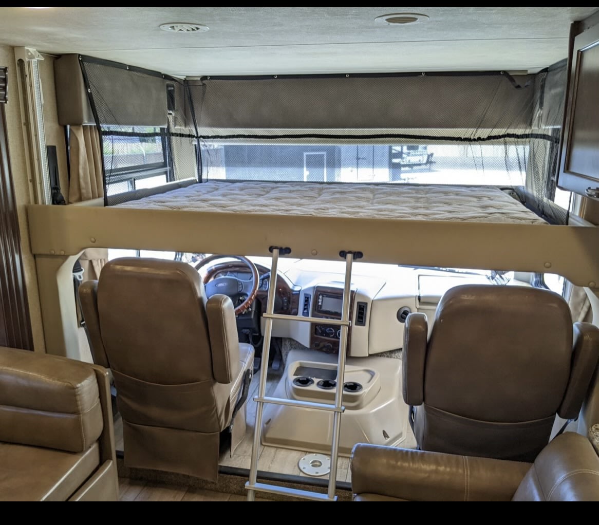Inside an RV rental: a large cab-over bunk with safety netting and ladder, plus front swivel chairs and dashboard.. Ford Freedom Traveler 2019