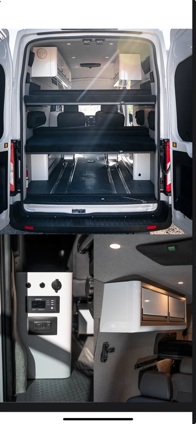 RV rental: Camper van interior with raised bed, versatile cargo space, overhead storage, and power panel.. Ford Transit 2021