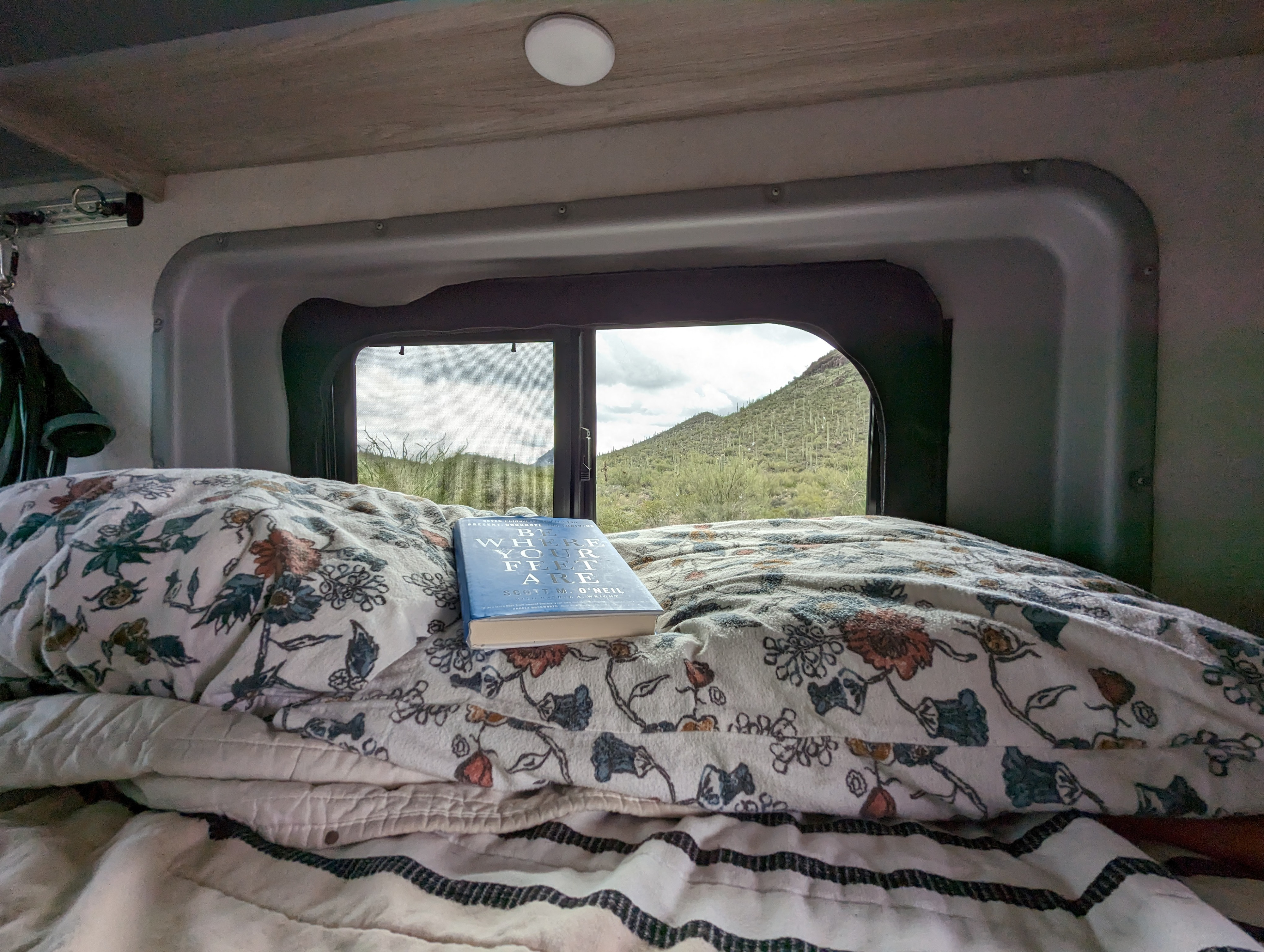 Cozy RV rental bed with a book, overlooking a scenic desert mountain landscape. Perfect for van life travel.. Winnebago Solis 2021