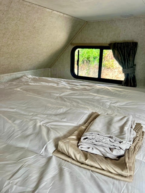 RV rental bed area: white and tan linens on a mattress, by a window with a green outdoor view.. Forest River Forester 3051S 2018