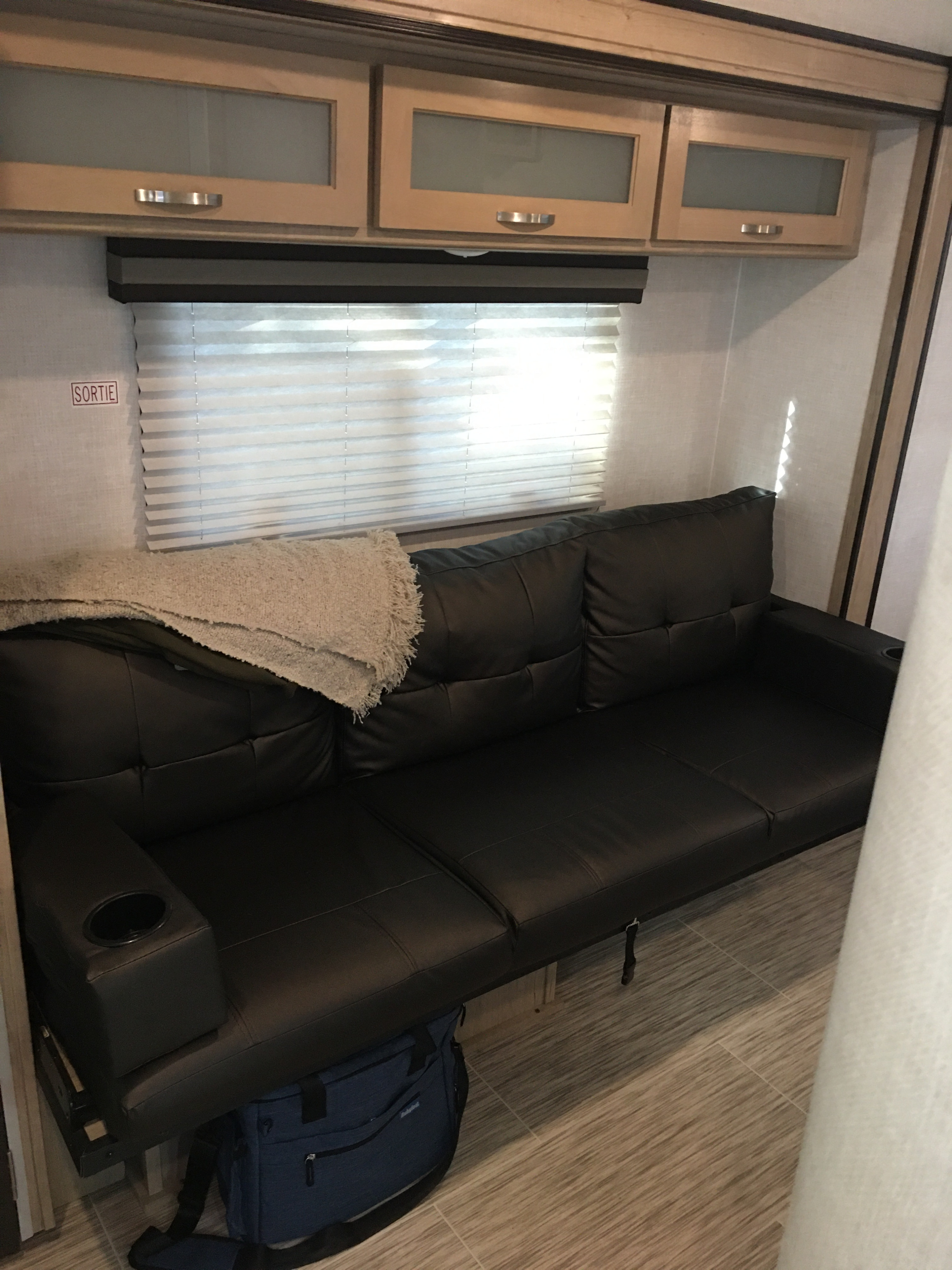 RV rental interior: A comfy black tufted sofa with cup holders, draped blanket, overhead cabinets, and window blinds. Wood-look floor.. Forest River R-Pod 196 2020