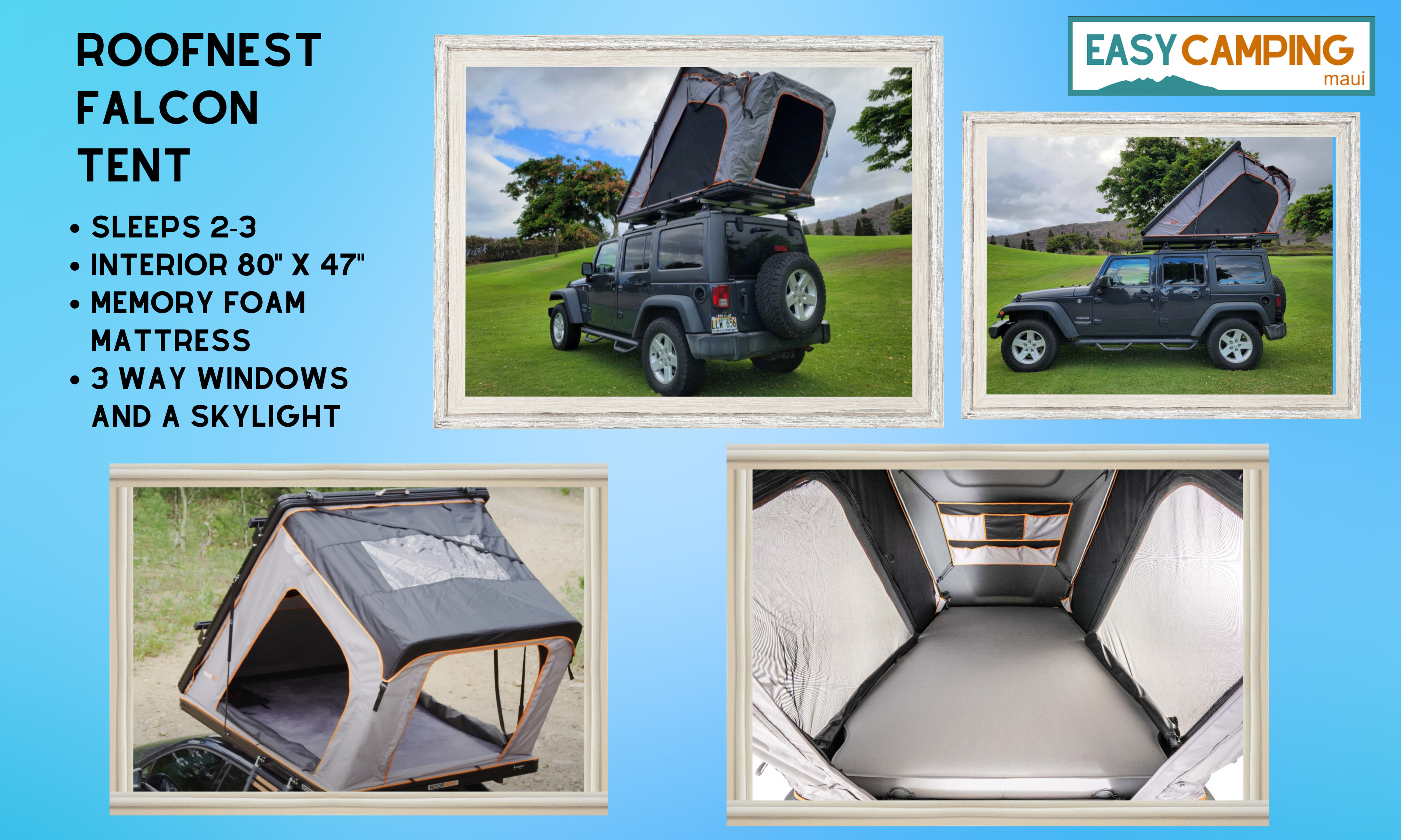 Easy Camping Maui offers Roofnest Falcon Tent for RV rental. Sleeps 2-3 with memory foam mattress, 3-way windows.. Abcor Homes Other 2021