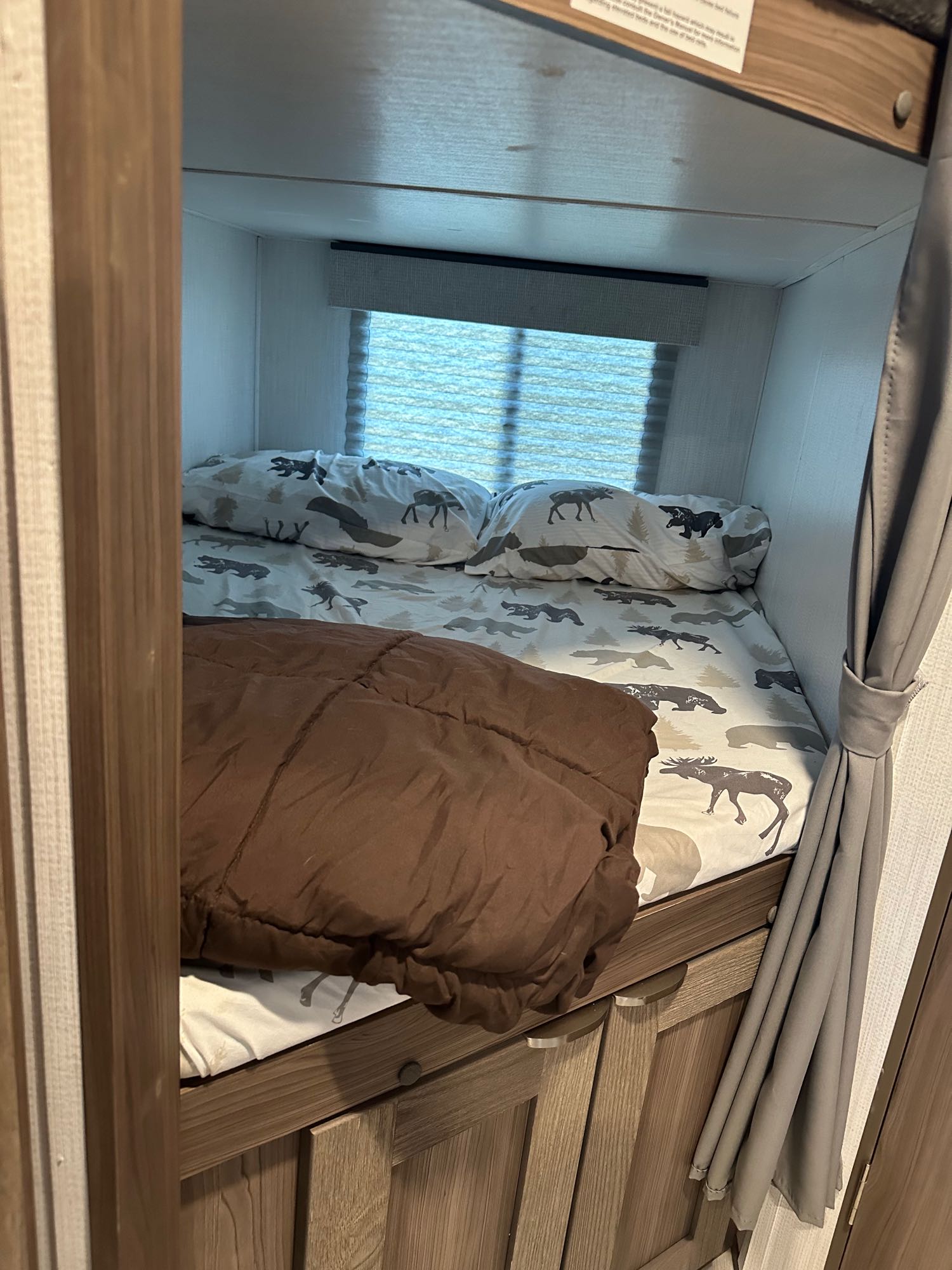 Cozy RV rental bunk bed with animal-patterned bedding and window blinds, perfect for a family adventure. Camper interior.. Cruiser RV MPG 2500bh 2024
