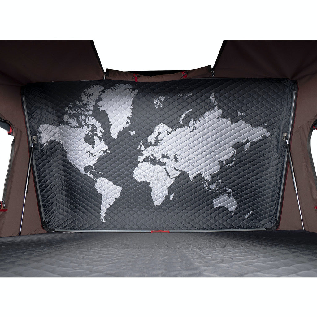 Inside an RV rental rooftop tent: a quilted wall with a light gray world map, perfect for inspiring travel dreams and camping adventures.. iKamper 2X 2021