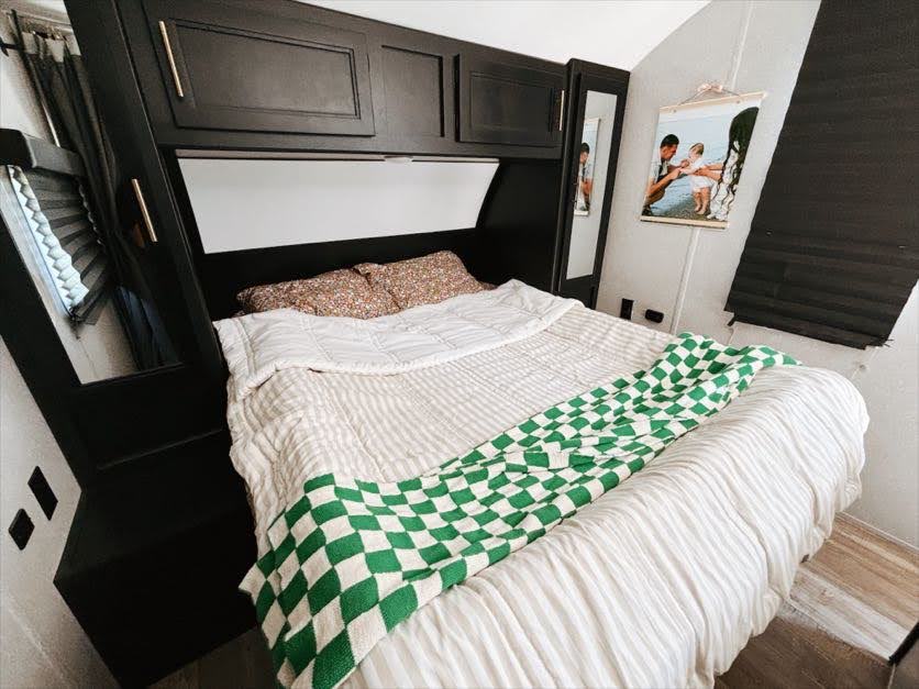 Cozy and modern RV bedroom with a comfortable bed and built-in storage, perfect for your next RV rental adventure.. Forest River Cherokee Grey Wolf 2021