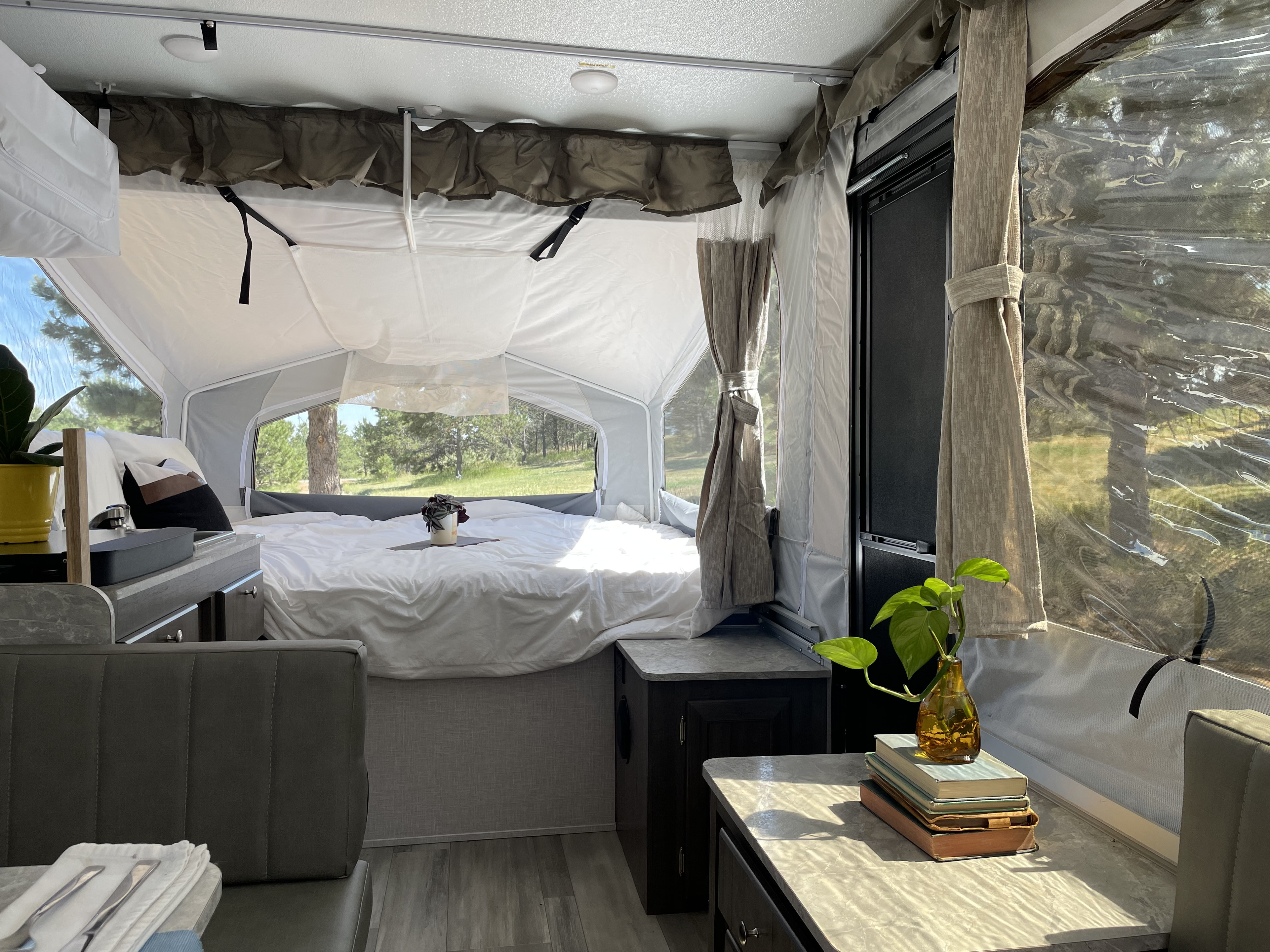Step inside this bright pop-up rv rental! Features a comfy bed, dinette, and panoramic outdoor views for your next adventure.. Forest River Rockwood ESP 2022