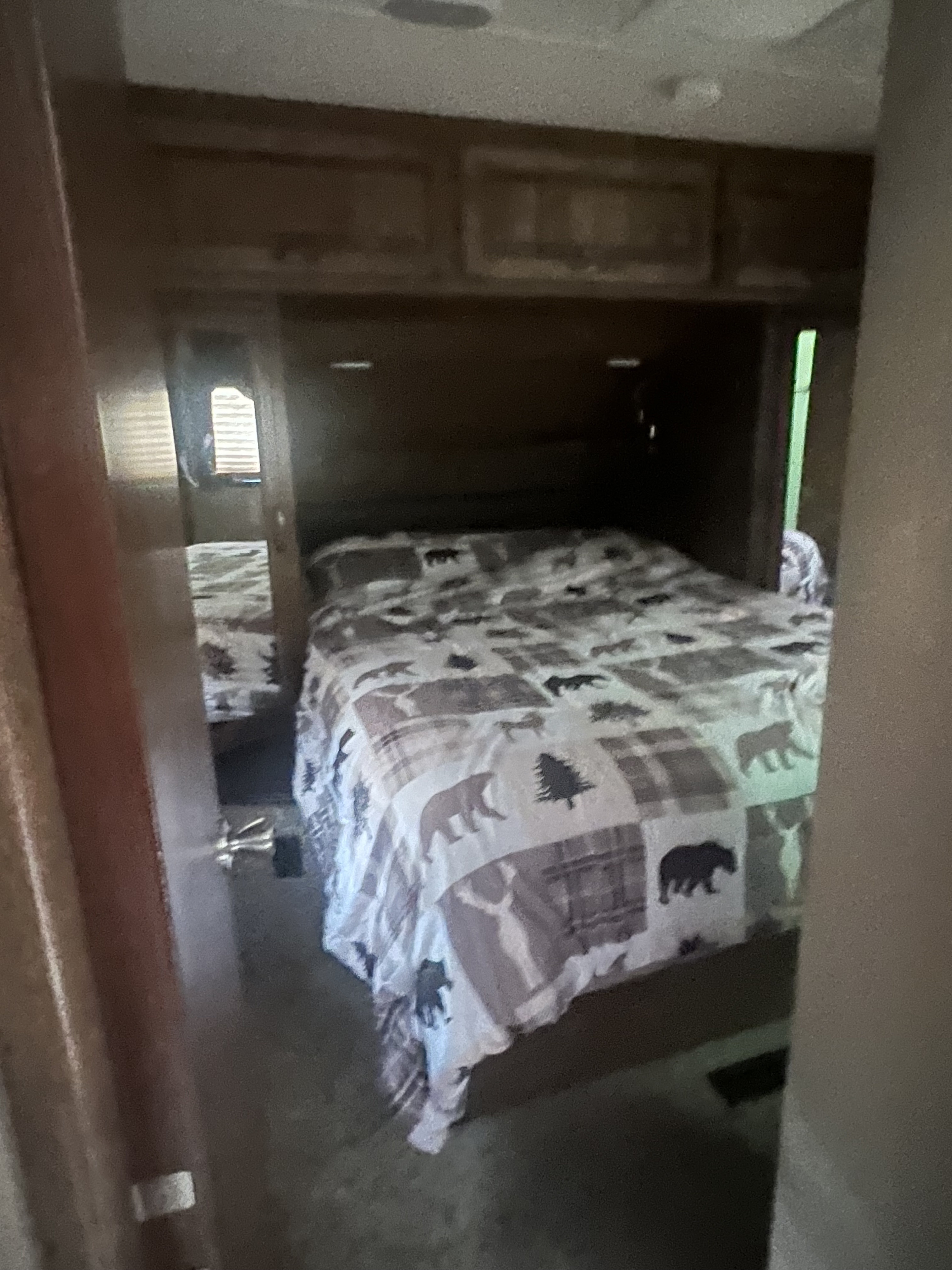 Cozy RV rental bedroom featuring a bed with bear and tree-patterned bedding and overhead cabinets.. Grand Design Reflection 2015