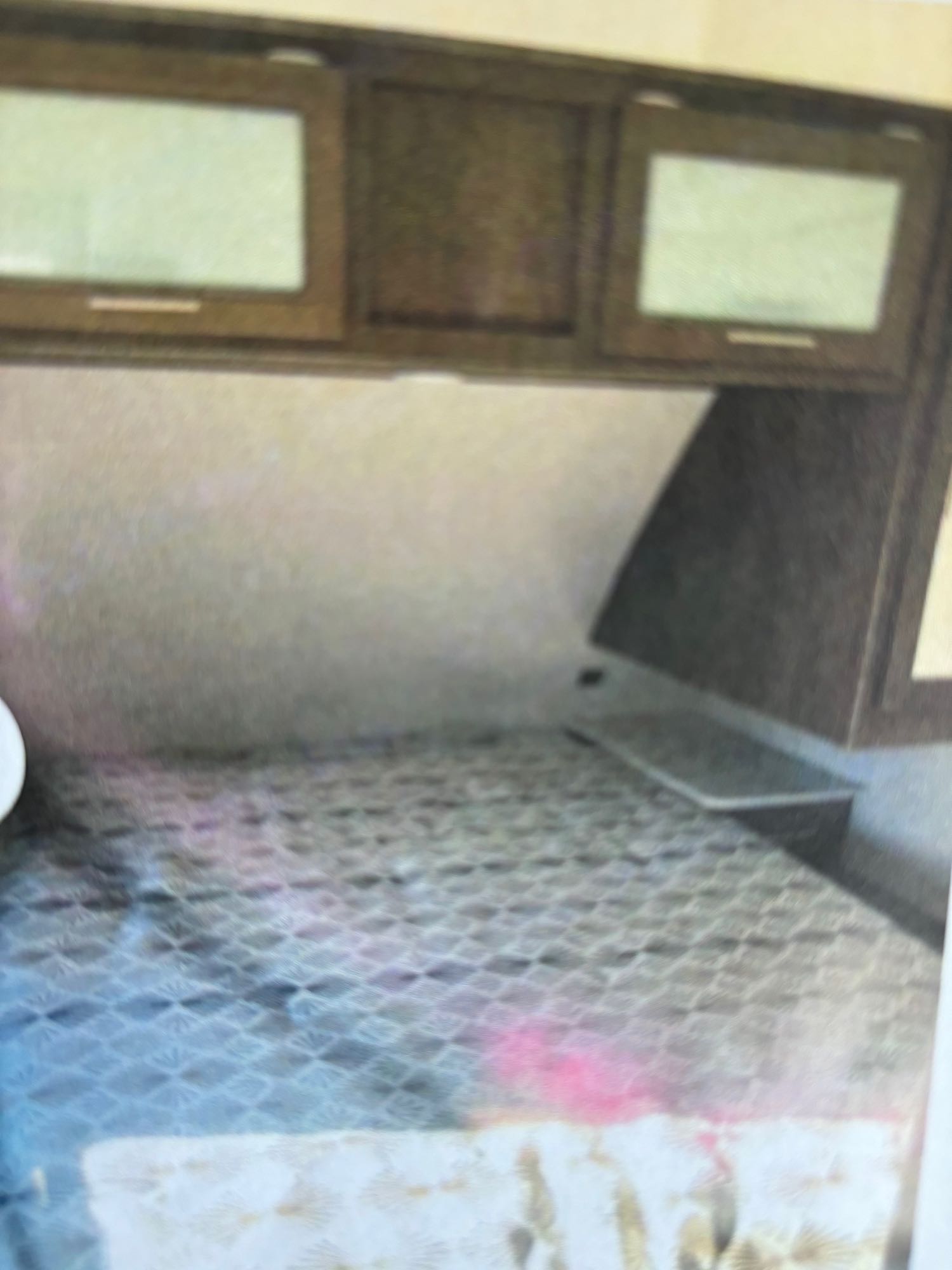 Inside an RV rental, a comfy bedroom features a patterned bedspread, overhead cabinets, and a built-in nightstand.. Other Other 2021