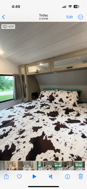 Inside an RV rental: bedroom with a distinctive brown & white cow print comforter, overhead storage, and window.. Forest River Salem Cruise Lite 2024